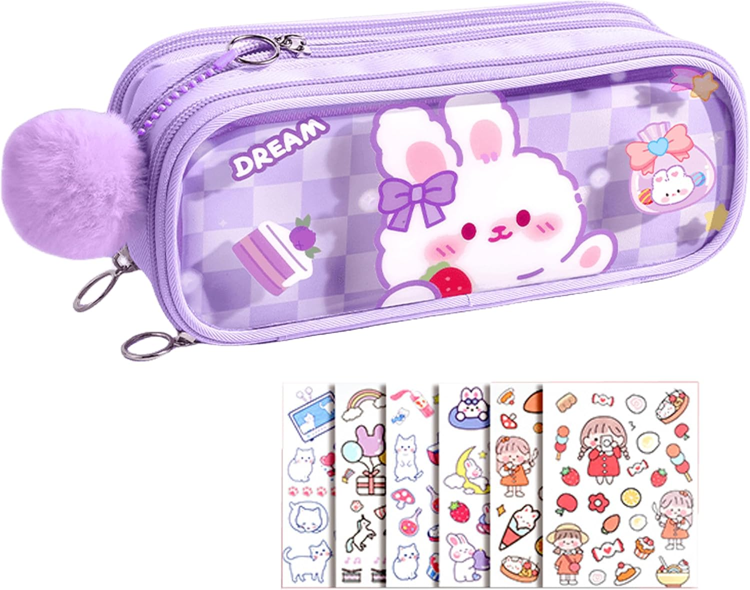 UINSUE Cute Pen Case Adorable Bunny Transparent 3-Layer Large Capacity Pencil Case Gadget Organizer with Lovely Stickers (Pink)