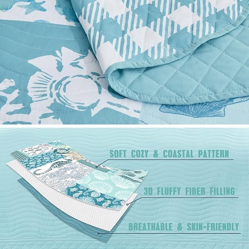 HZ & HY Coastal Oversized King Bedspread, Lightweight Beach Bedding Nautical Quilt, Real Stitching, Reversible, 6 Piece, 100% Microfiber, King/Cal King, Seahorse image number 3