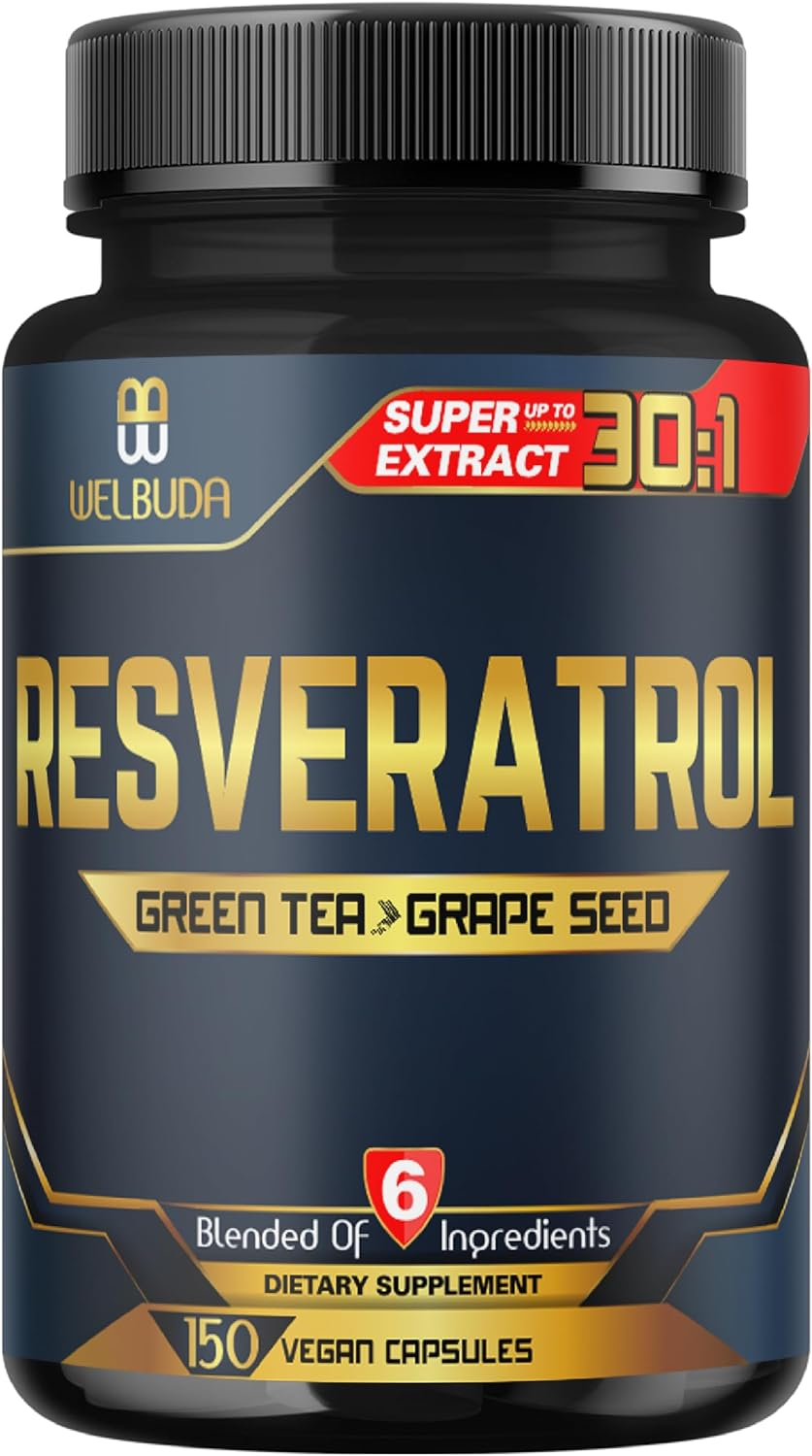 6In1 Resveratrol Supplement 28000Mg - 150 Capsules for Anti-Aging, Mind, Heart, Mood & Immunity Support - Green Tea, Grape Seed, Acai Fruit, Quercetin & Red Wine - 75-Serving Supply image number 2