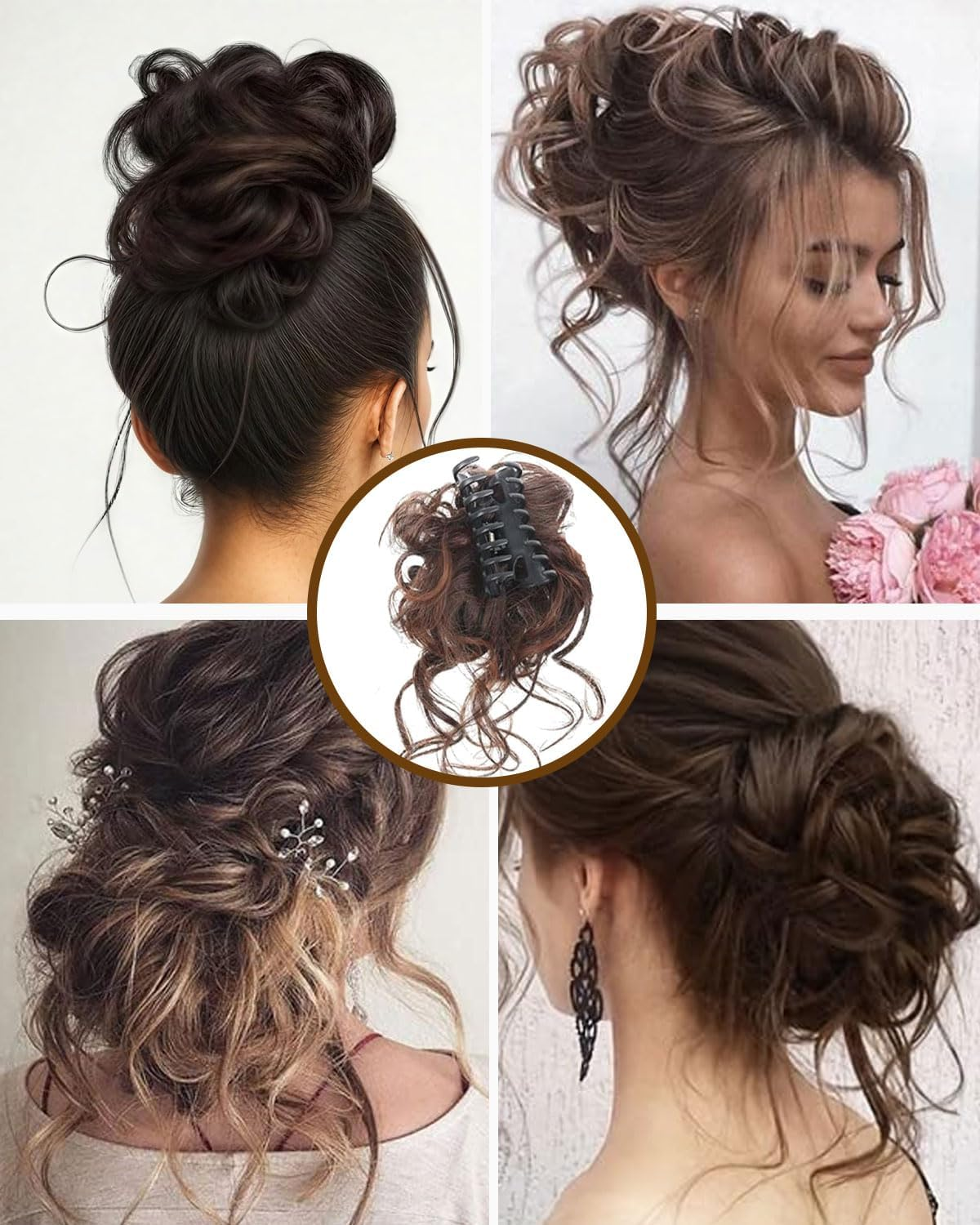 BPTRKOM Natural Looking Women'S Hair Pieces - Extension for Bun Ponytail & Updo Curly, Wavy & Messy Look, Synthetic, with Claw & Clip for Secure Hold (Dark Brown) image number 3