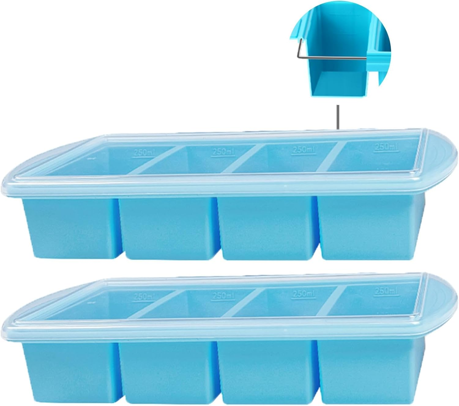 2 Pcs Silicone Freezer Tray with Lid, Silicone Freezer Food Molds, Large Ice Cube Tray, Leftovers, Sauce, Broth, Freeze & Store Soup, Makes 4 Perfect 1 Cup (Blue)