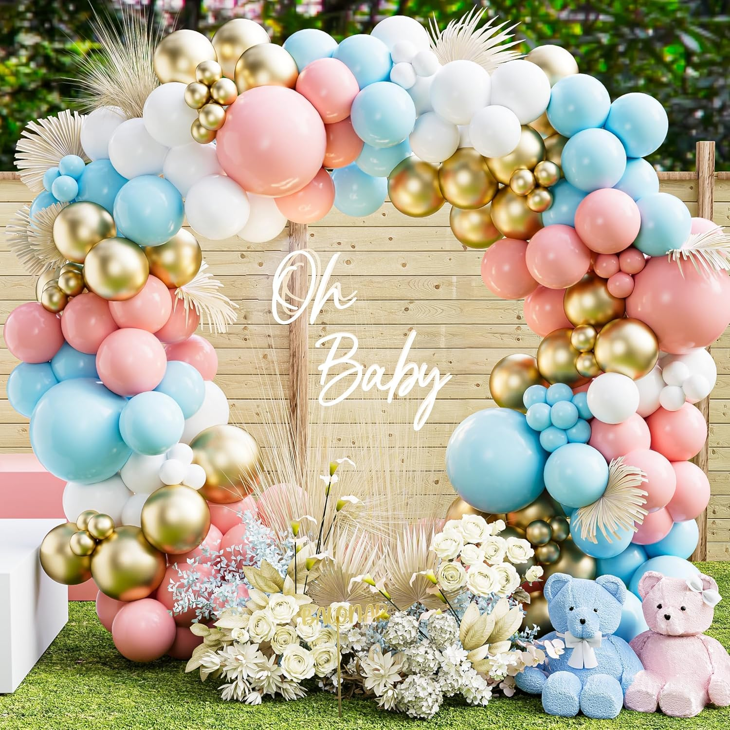 DIY 120PCS Gender Reveal Balloon Garland Kits Chrome Metallic Latex Balloons 12Inch Pearl Balloons for Birthday Party Celebration Wedding Gender Reveal He or She Boy or Girl (Pink Blue Gold)