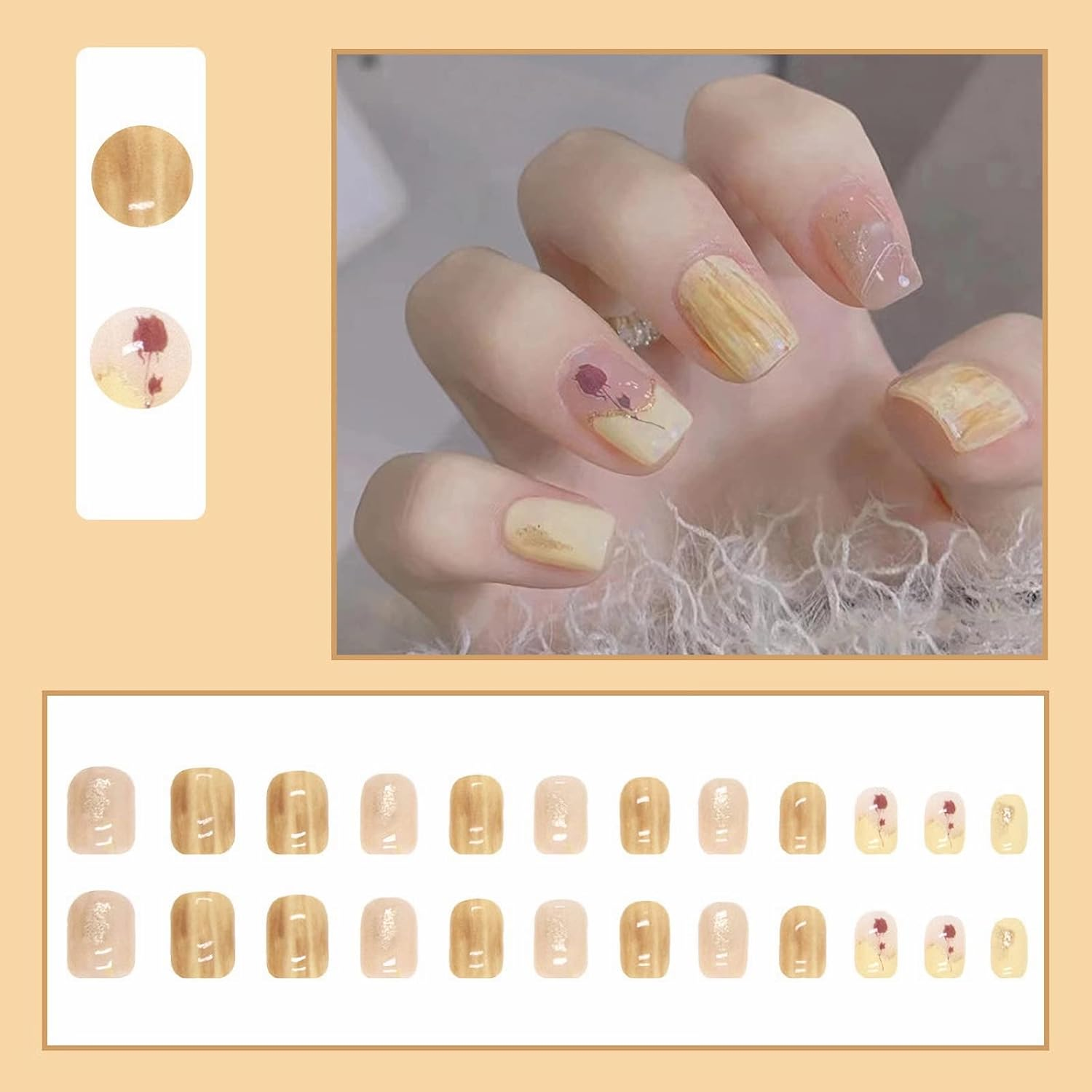 RYUUSEI 24Pcs Yellow Press on Nails Short Square Fake Nails Flower False Nails Squoval Stick on Nails Glue on Nails Glossy Full Cover Acrylic Nails for Women image number 1