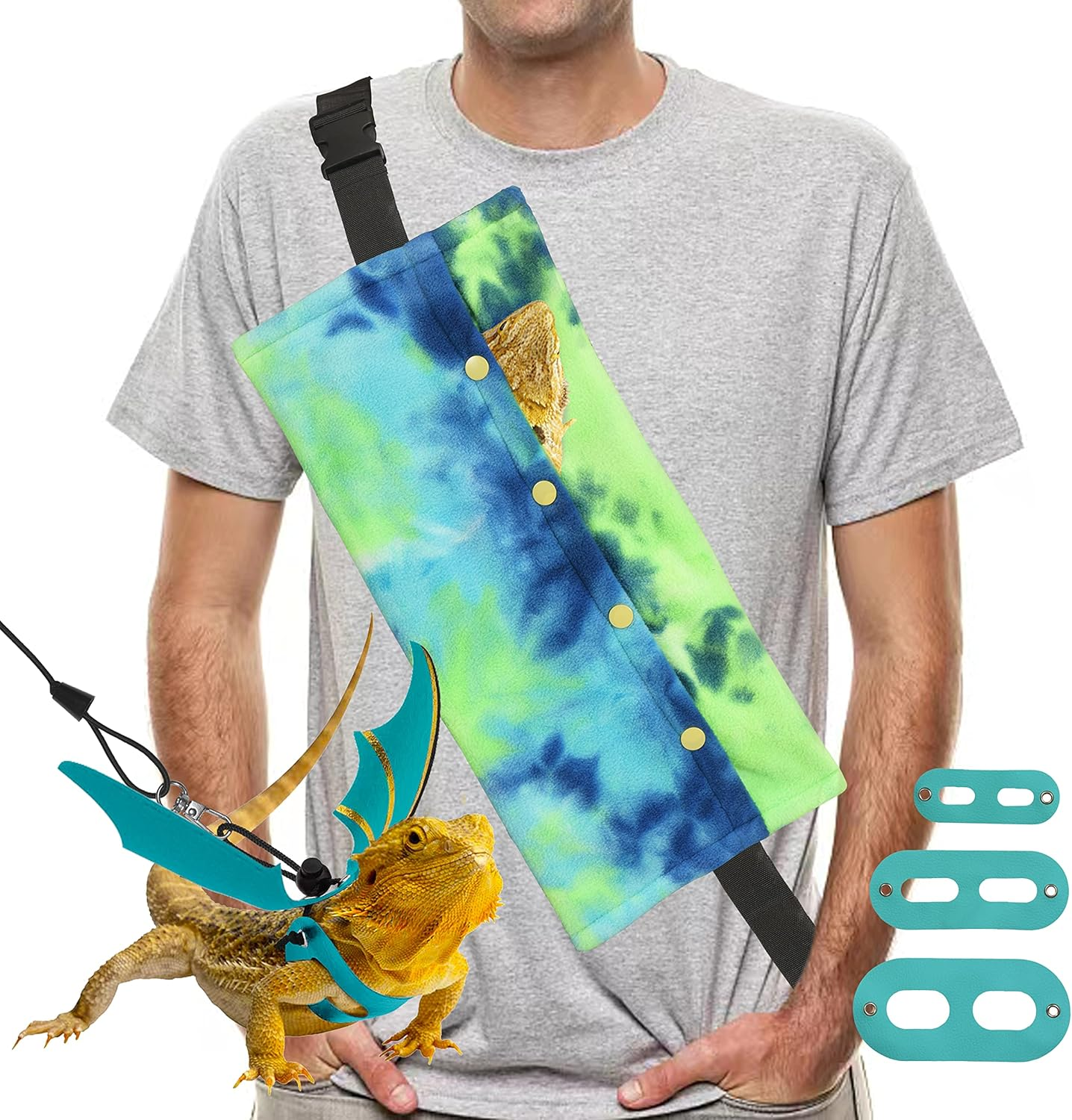 Bearded Dragon Leash and Harness Set, Beardie Carrier, Lizard Adjustable Harness with Leather Wings and Sling Bag, Reptile Small Pet Backpack Batwing Accessories (Leopard Pattern)