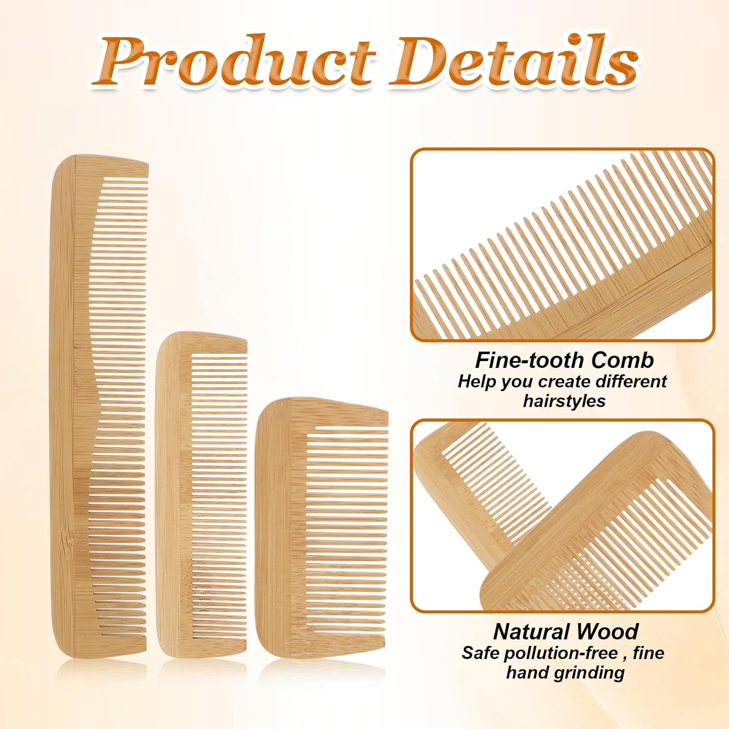 3 Pcs Bamboo Comb Set, Wooden Combs Fine Tooth Combs Anti-Static Wood Hair Combs for Women Men, Wood Comb for Straight, Curly, Wavy, Long Hair, Beard image number 3