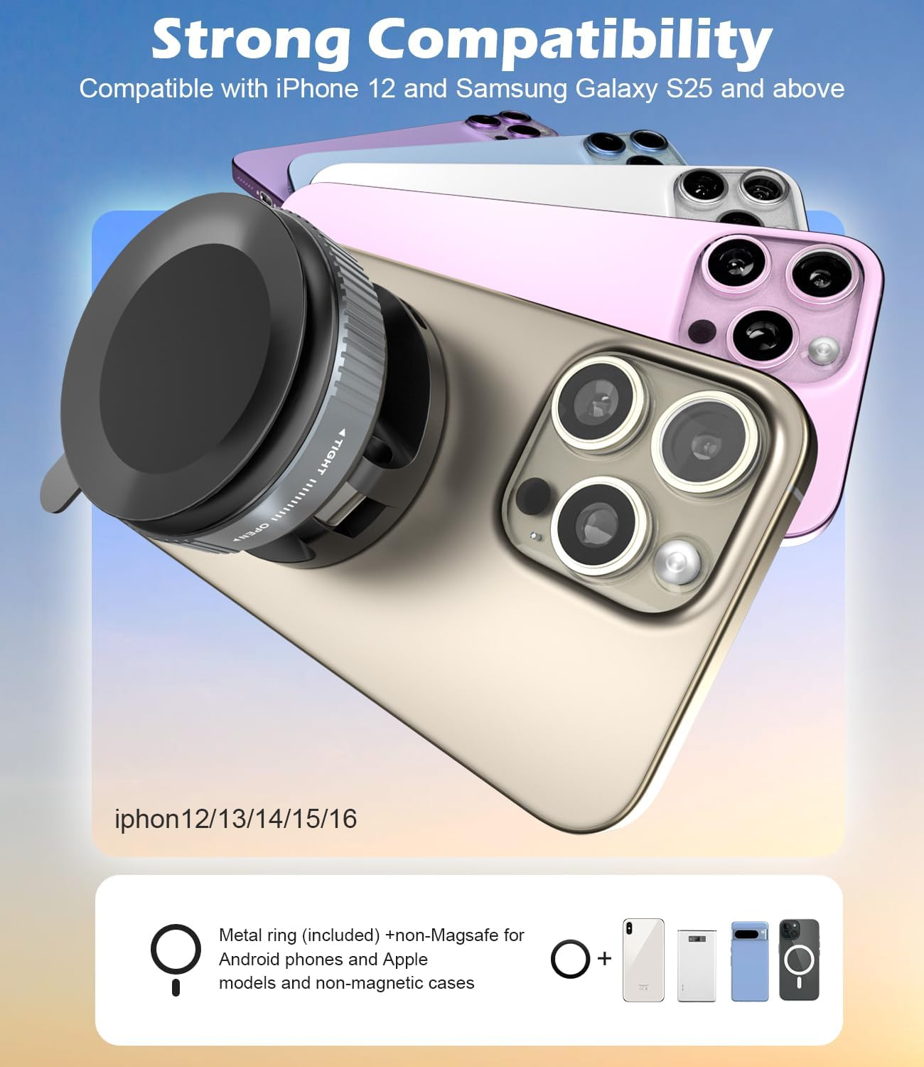 Cloudvalley 15W Fast Wireless Charger Car Phone Holder Mount, Vacuum Suction Cup Phone Holder Design for Magsafe Iphone 16/15/14/13/12, 360&deg; Adjustable & Foldable Stand for Dashboard & Windshield