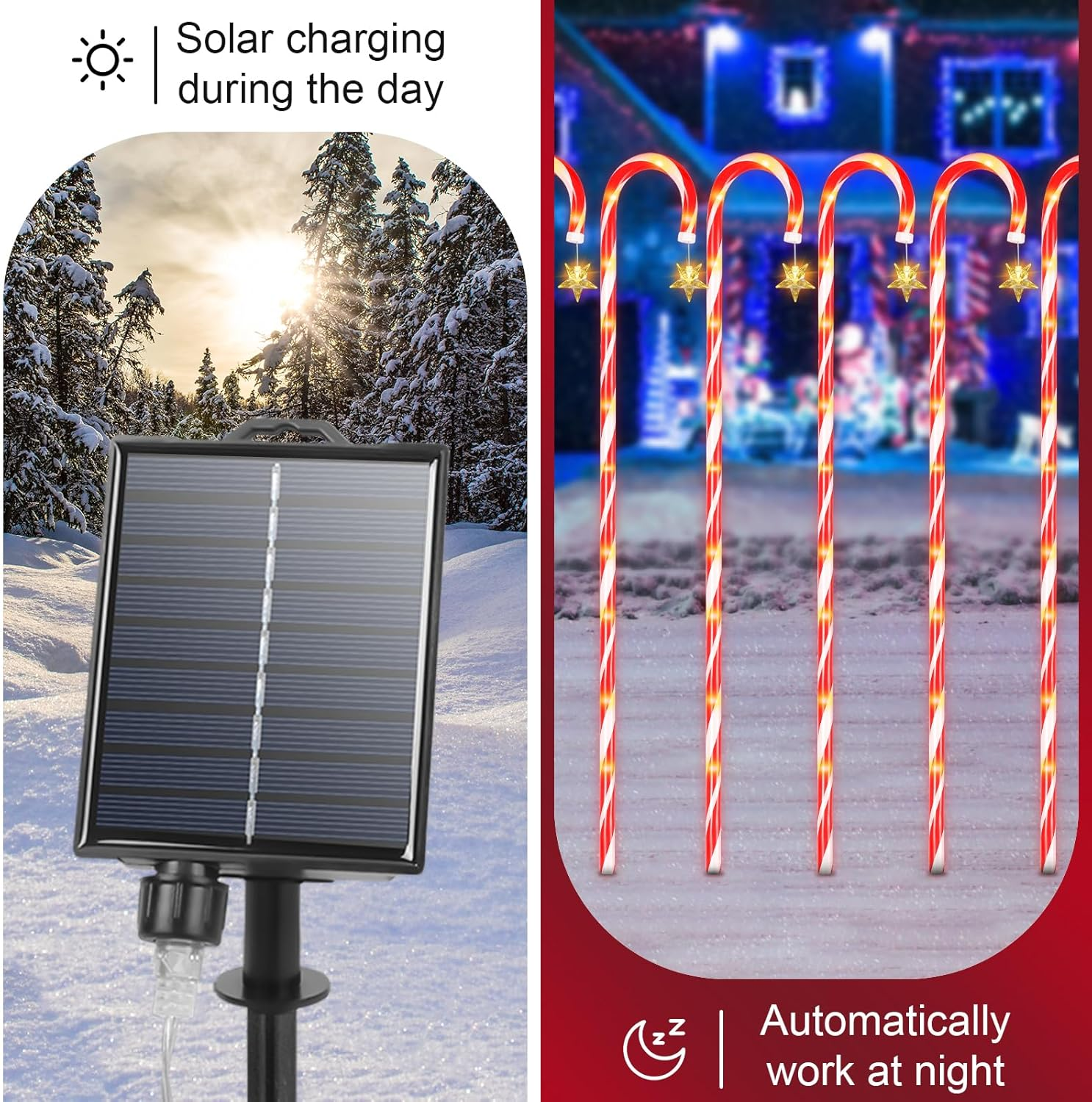 Ninonly 1.2M Solar Christmas Candy Cane Lights, 6 Pack Solar Christmas Lights Outdoor with 8 Modes, 78 Leds Waterproof Xmas Garden Light USB Charging for Yard Pathway Decorations image number 6