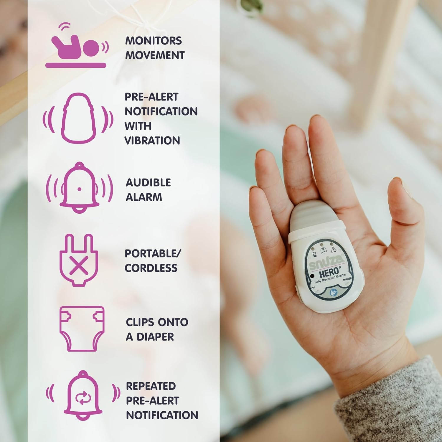 SNUZA HERO Baby Abdominal Movement Monitor: Real-Time Alerts for No Breathing, Gentle Vibration Rousing, Portable & Wearable, Medical Grade Material. Safer Sleep for Infants. Peace of Mind for Parents image number 2