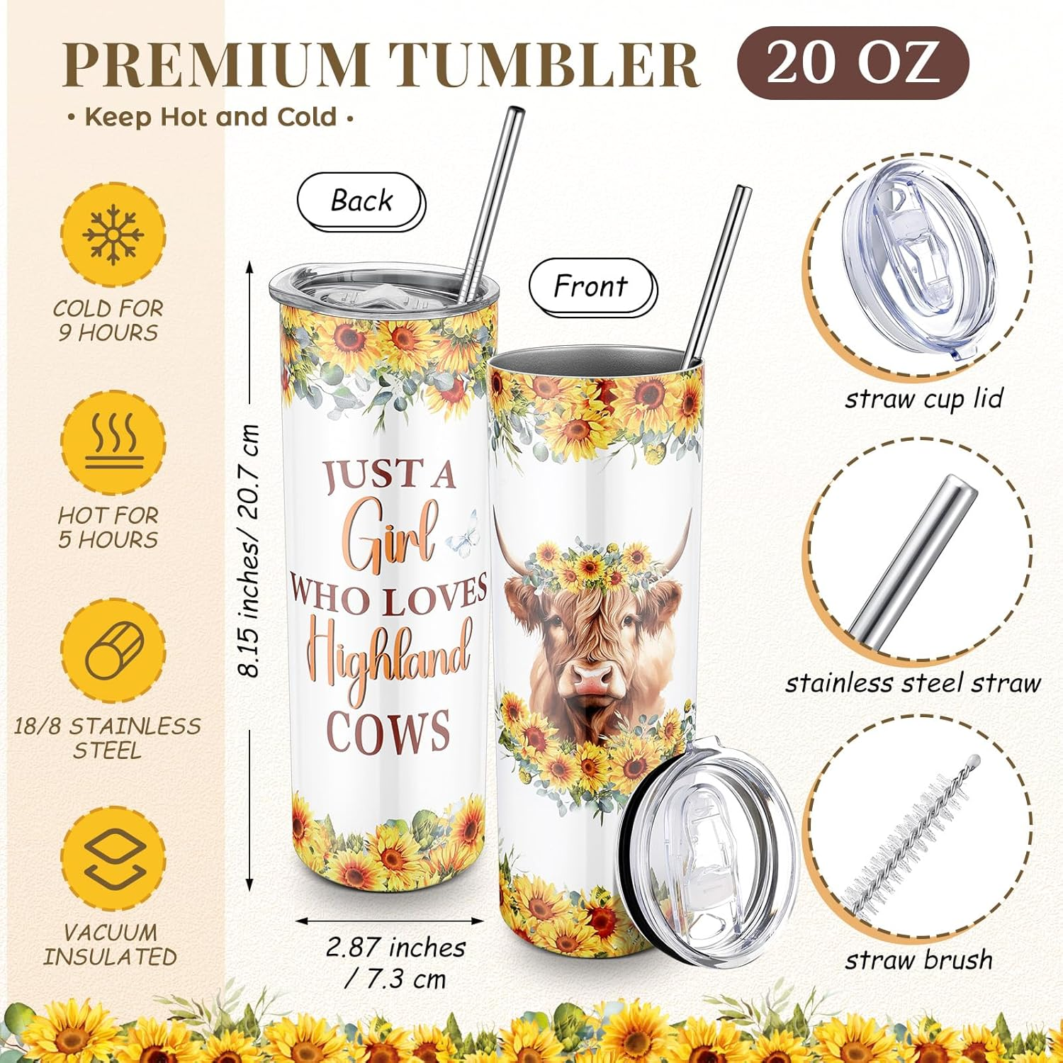 Abbylike 4 Pcs Highland Cow Animal Lover Gifts: Stainless Steel Tumbler with Straw Lid, Metal Keychain, Canvas Tote Bag, Cosmetic Bag for Christmas, Birthday image number 1