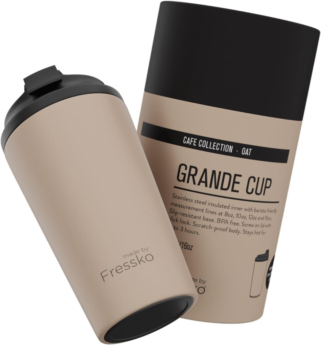 Made by Fressko Reusable Coffee Cup - Stainless Steel Insulated Mug - Leak Proof Travel Cup for Hot/Cold Drinks - 3 Hr Heat Retention - Fits Car Holders & Coffee Machines - Oat - 16Oz 450Ml image number 3
