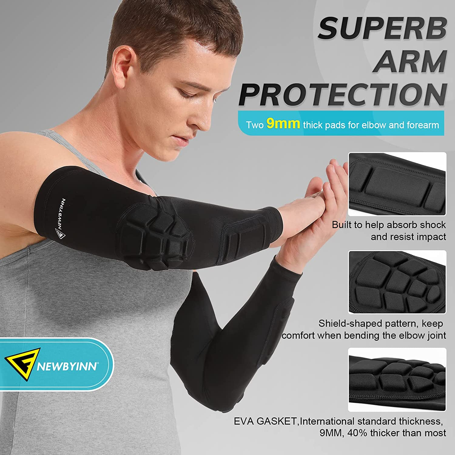 Newbyinn 2 Pack Padded Arm Sleeves Crashproof Elbow Forearm Pads Compression Protection Support for Football Basketball Volleyball image number 1