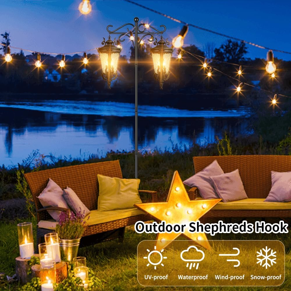 Bird Feeder Pole Stand, 195Cm Approx.2M Adjustable Feeding Station Hanging with 2 Hook, Heavy Duty Freestanding Double Shepherd Crook for Outdoor Garden Light Lantern Plant Metal Hanger, Black image number 3