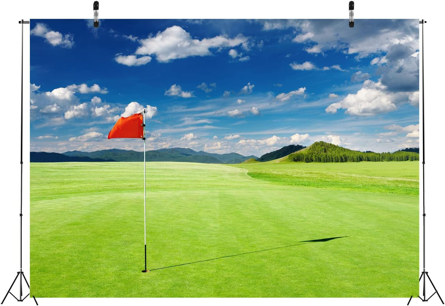 CORFOTO 10X8Ft Fabric Golf Course Backdrop Photography Golf Flag Green Mountain Forest Trees Grass Lawn Background Blue Sky Cloud Decorations Golf Sports Party Backdrop Photoshoot Studio Props image number 1
