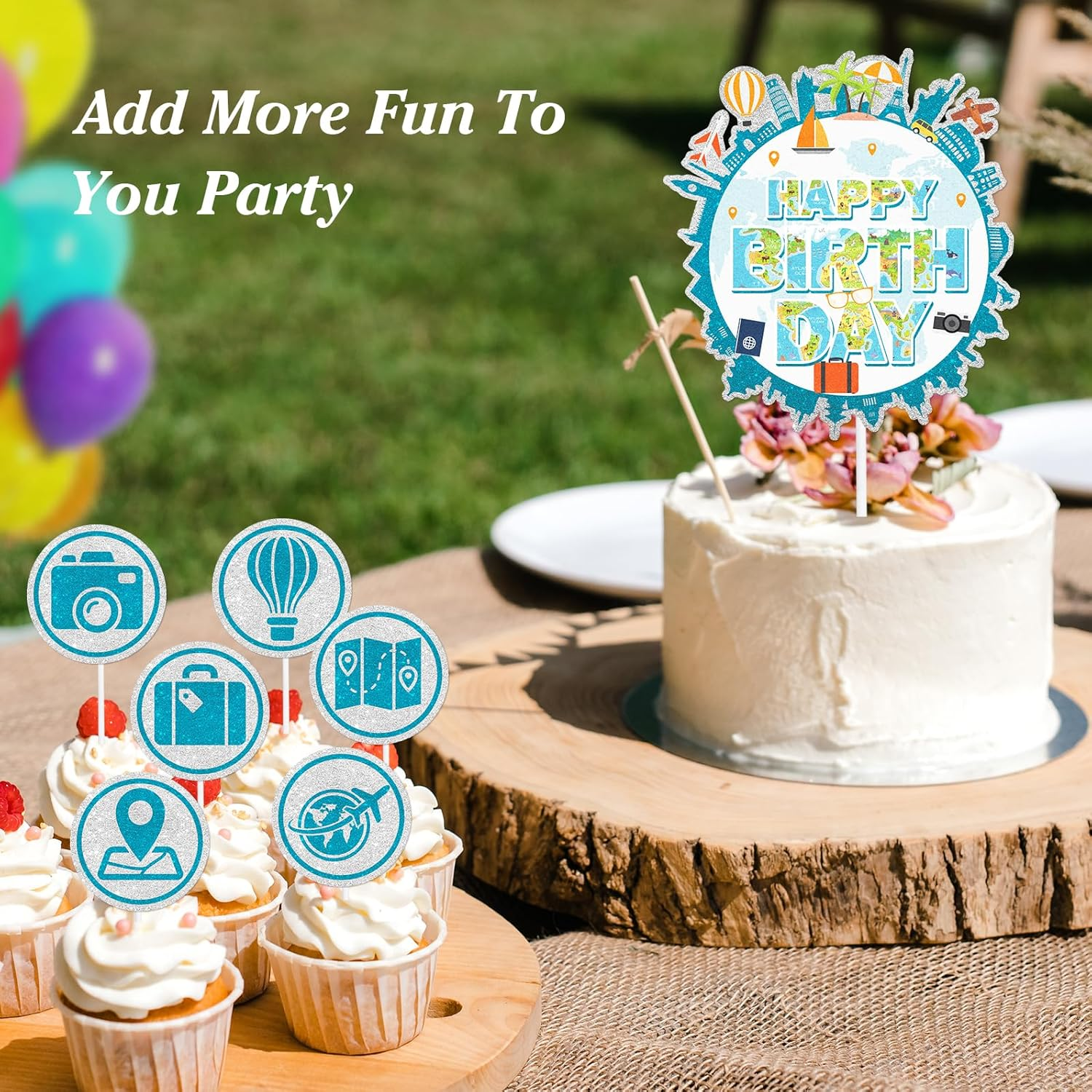 Travel Birthday Themed Happy Cake Topper 7-Piece Set - Adventure Waiting Party, Travel around the World Party, Retirement Party Suitcase, Airplane Decoration.Wish Bon Voyage - LIANGSS image number 2