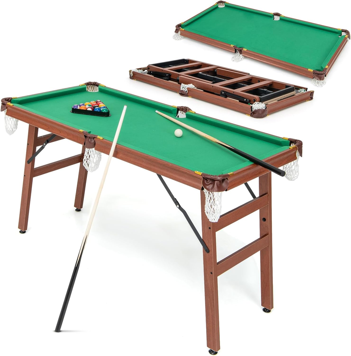 Costway Folding Pool Table Set, Portable Billiards Table Game W/Foldable Legs, Adjustable Foot Levelers, Leather Protected Corners, 2 Cues, 2 Chalks, 16 Balls, Triangle, Brush image number 6