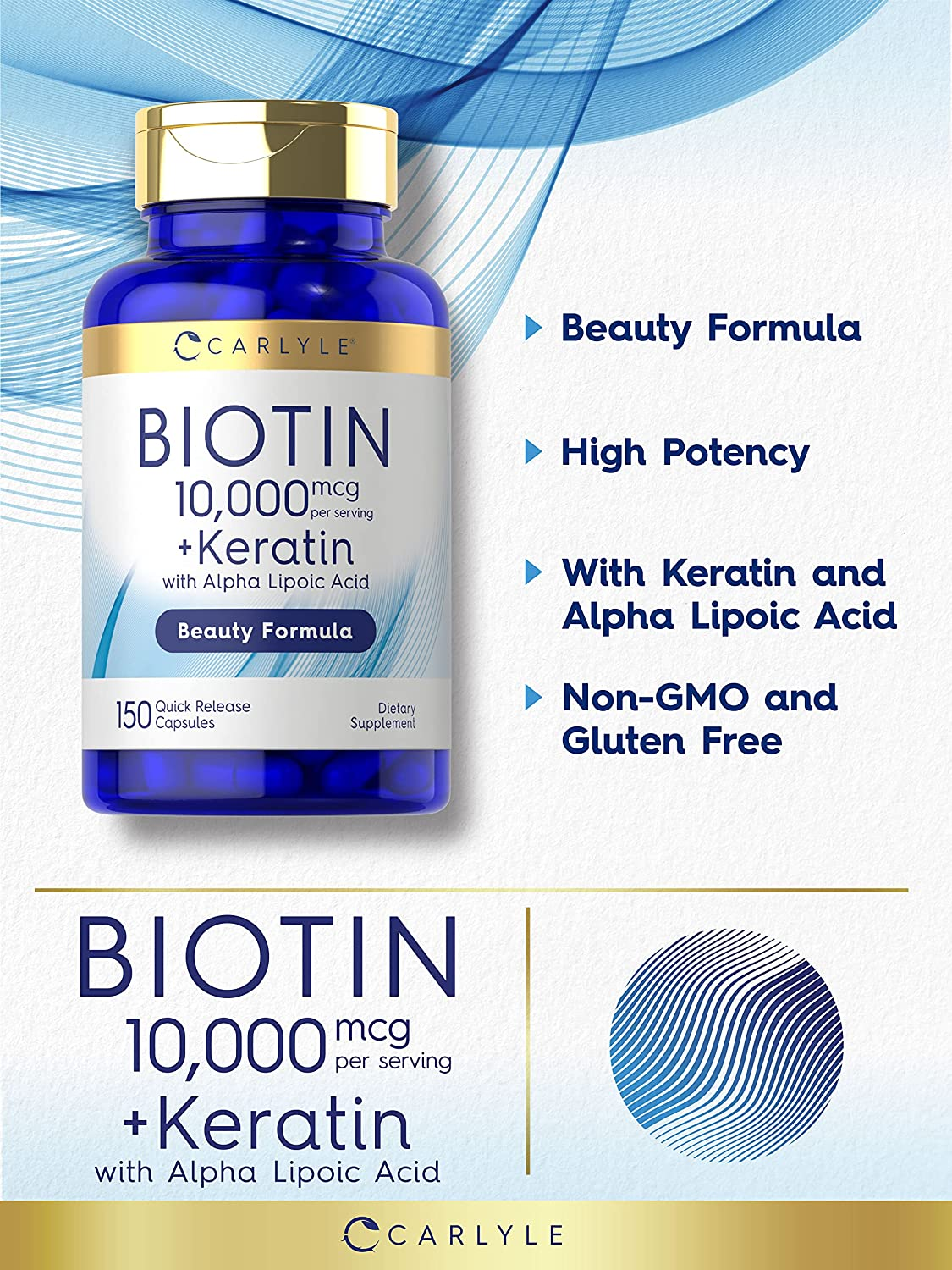 Biotin 10000Mcg | 150 Capsules | Beauty Formula with Keratin | Non-Gmo, Gluten Free Supplement | by Carlyle image number 2