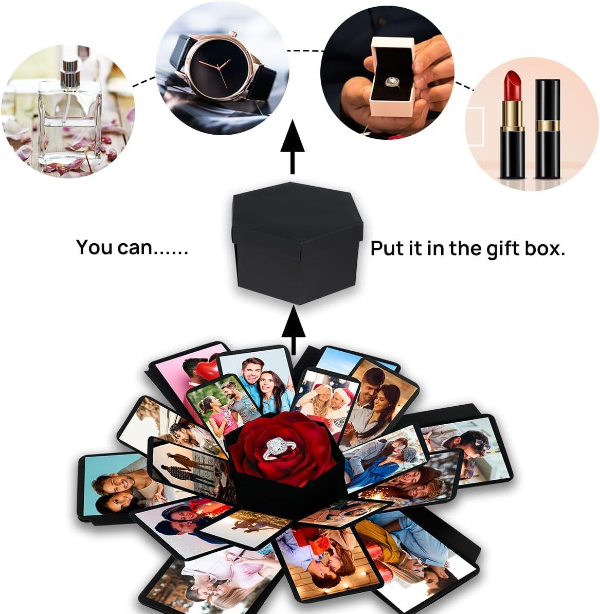 Explosion Box Bouncing Surprise Gift Box DIY Explosion Gift Box with 6 Faces Handmade Photo Hexagon Box Love Memory DIY Photo Album Commemorative Album for Birthday Valentine'S Day and Christmas