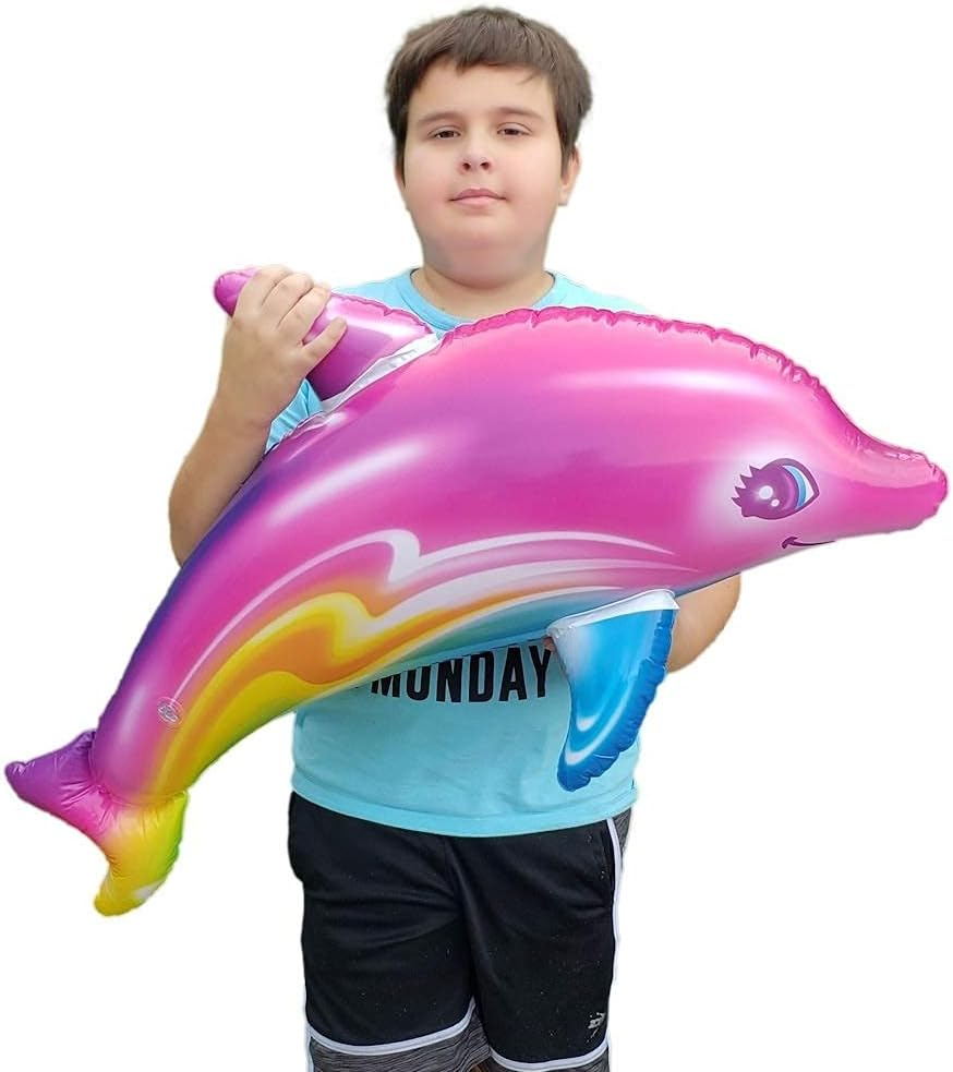 'Zugar Land Large 36'' Pink Rainbow Colorful Dolphin Inflatable Pool Toy (Pack) Inflate Beach Poolside Aquatic Themed Decor Birthday Party Decoration'