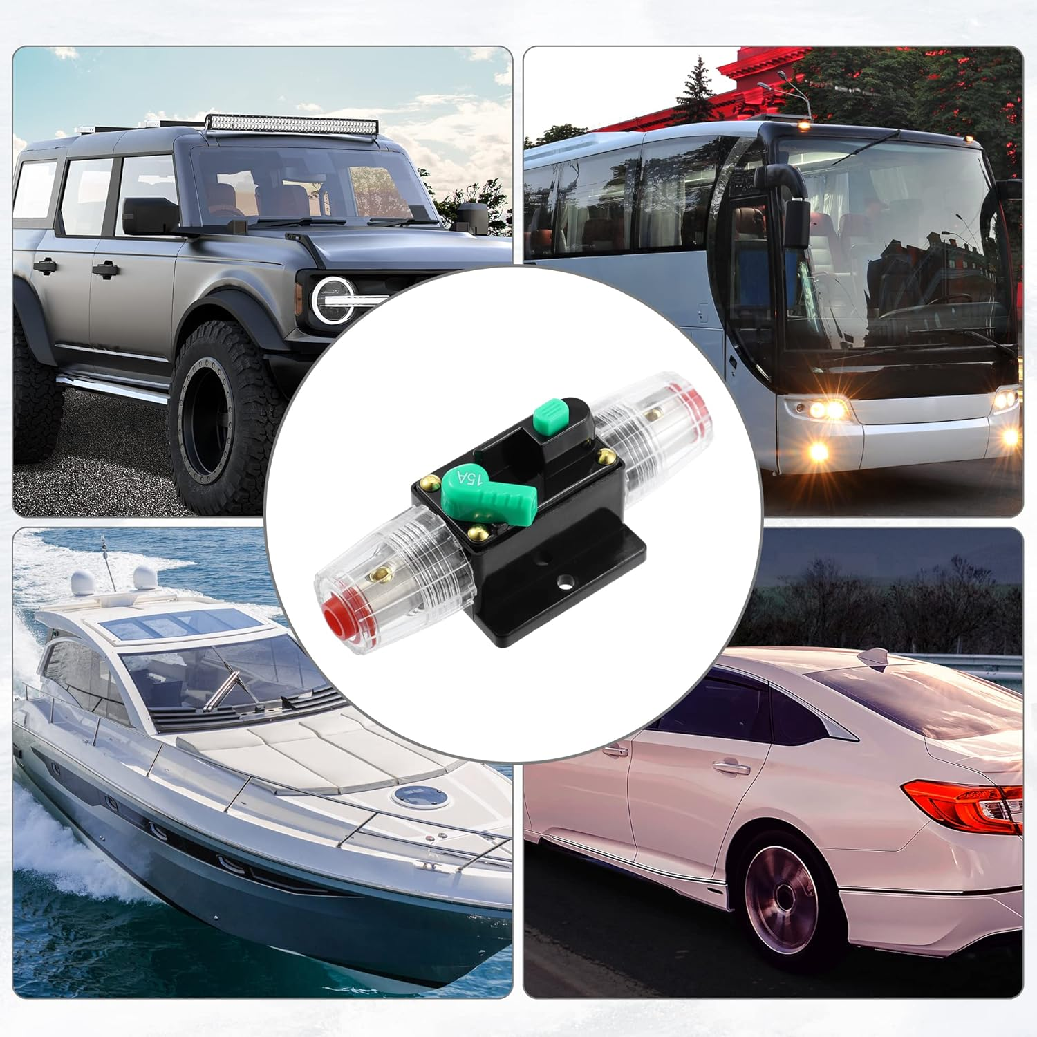 X AUTOHAUX 2 Pcs DC 12V- 48V 15Amp Car Circuit Breaker with Manual Reset Inline Fuse Holder Protector Black Green image number 4