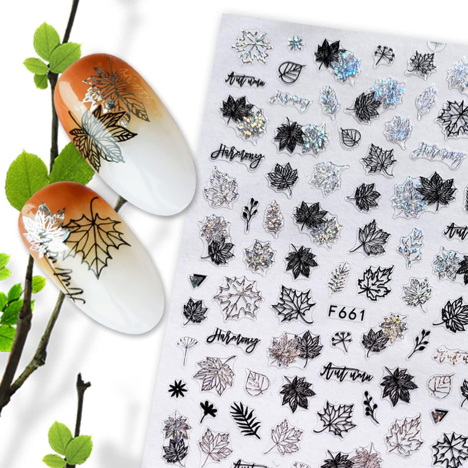 Fall Nail Art Stickers Decals Leaf 8Pcs 3D Self-Adhesive Holographic Gold Black Silver Leaf Manicuring Foils Geometric Slider Nail Art Adhesive Decor (Silver) image number 3