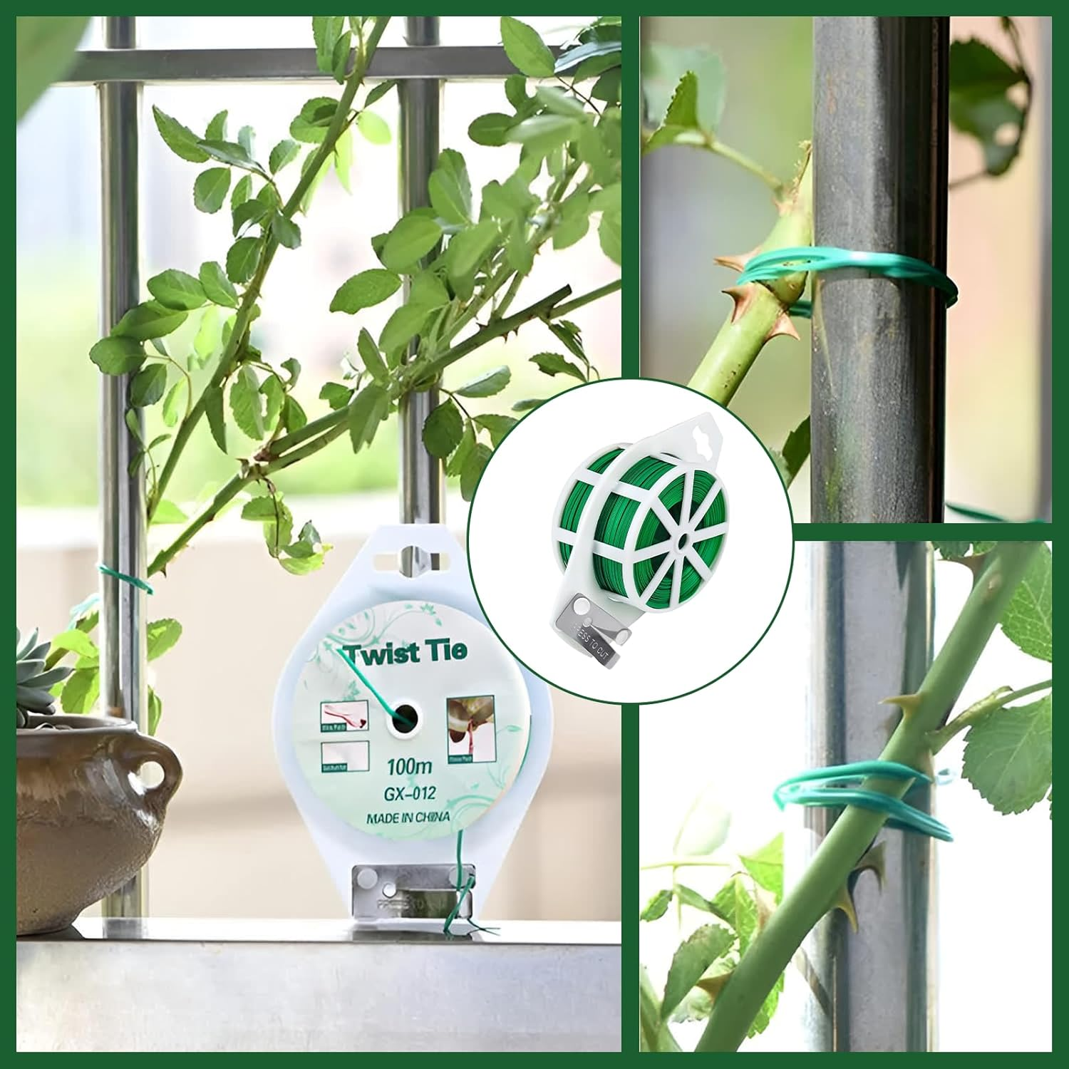 100 M Plant Wire Binding Wire, Plant Binding Wire, Coated Green, Lumens Wire, Garden Wire, Soft, Plant Cord with Built-In Cutter for Gardening, Climbing Plants, Vines, Shrubs and Flowers image number 1