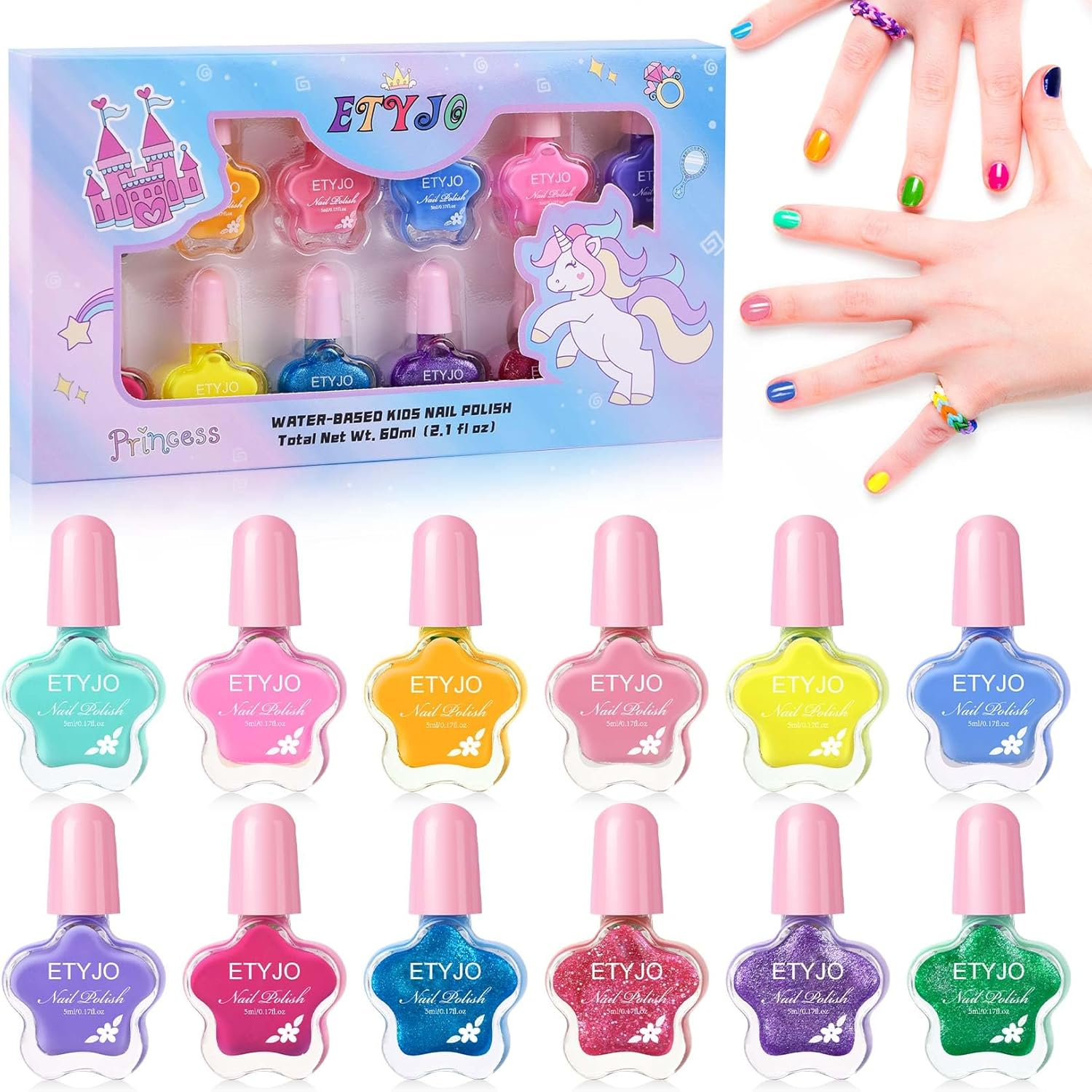ETYJO Kids Nail Polish- Nail Polish Set for Girls Ages 3-12,12 Rainbow Colors Nail Polish Kit for Teens Child