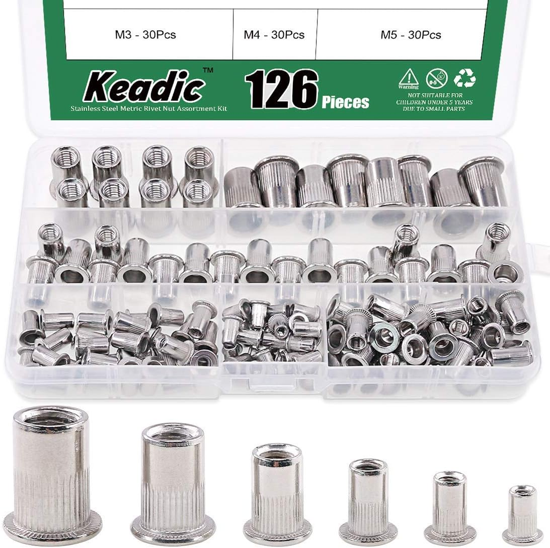 Keadic 126Pcs Metric Stainless Steel Rivet Nut Flat Head Threaded Insert Nutsert Assortment Kit - M3 M4 M5 M6 M8 M10 image number 4