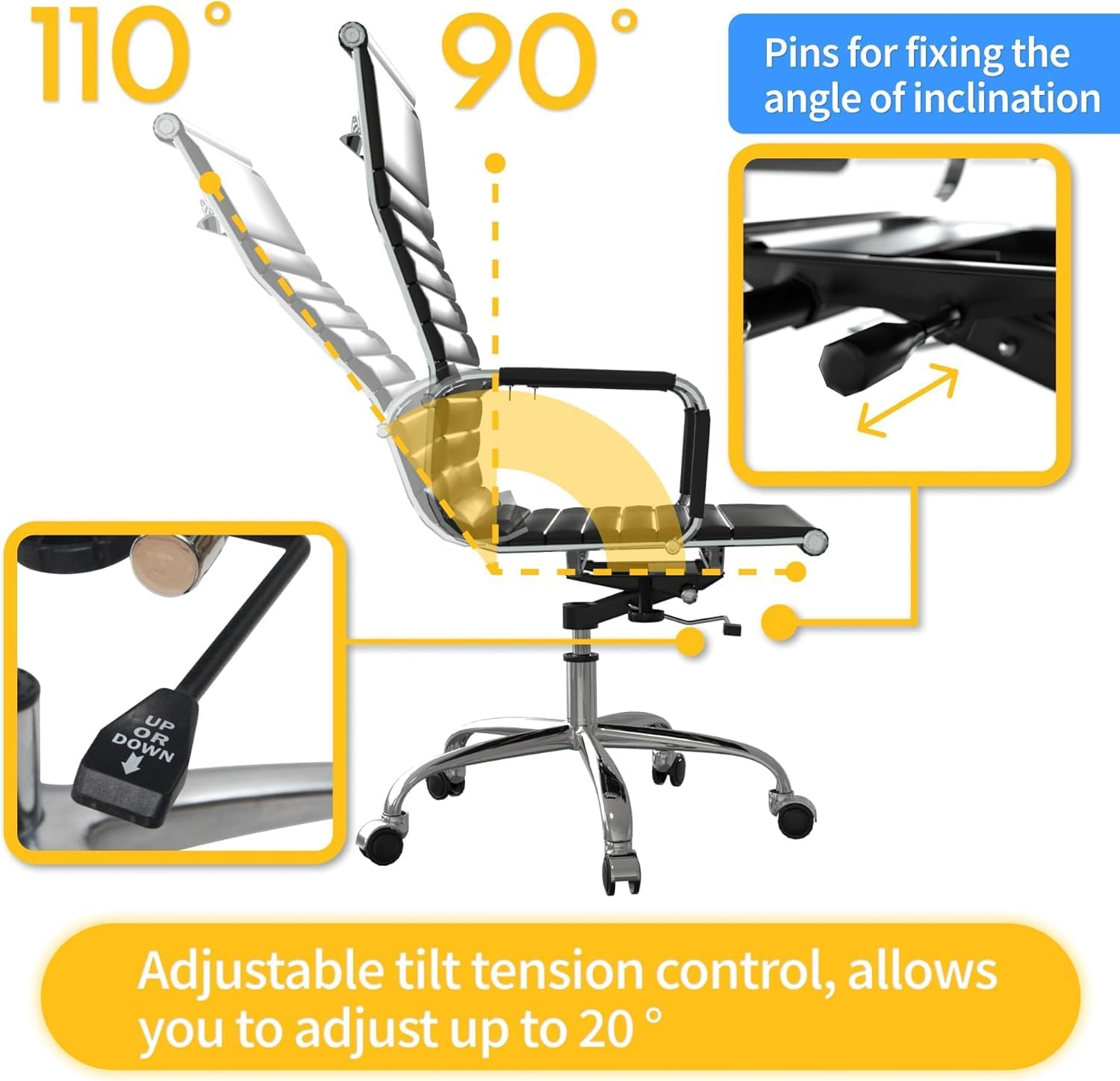 Ergonomic Office Desk Chair, Leather Modern Conference Room Chairs, Executive Ribbed Height Adjustable Swivel Rolling Chair for Home Office (Black) image number 4