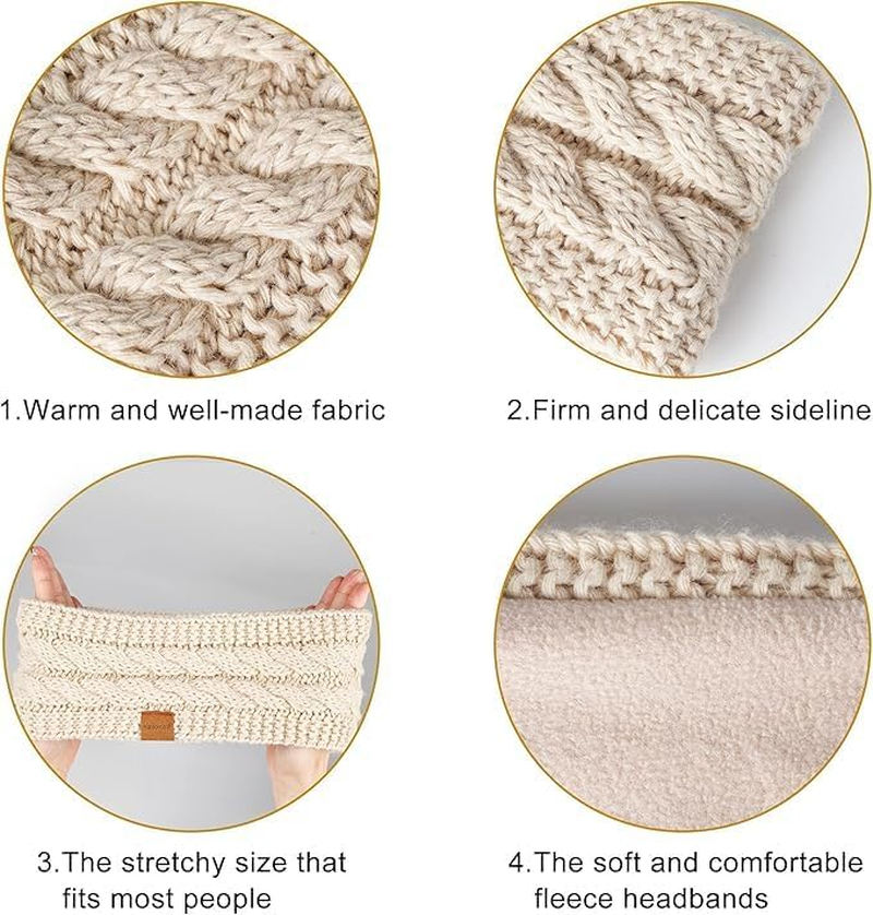 Hatromm Winter Headbands for Women Wool 2 Pack, Ear Warmers for Women Headband Knit Thick Fleece Lined(Black+White) - Black+Army image number 2