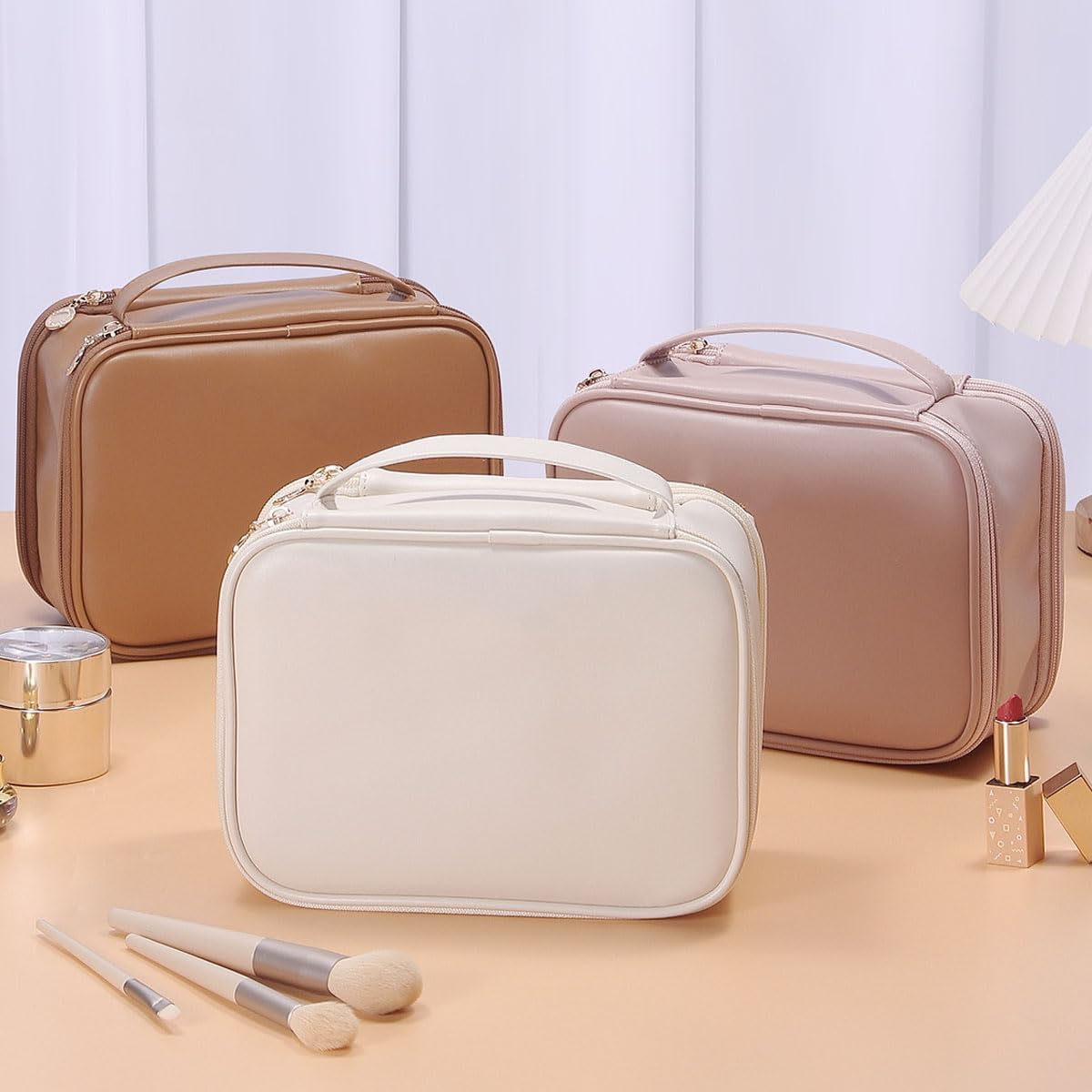 PU Large Capacity Travel Cosmetic Bag Women'S Double Layer Makeup Multifunctional Jewelry Box Skincare Storage (Pink)