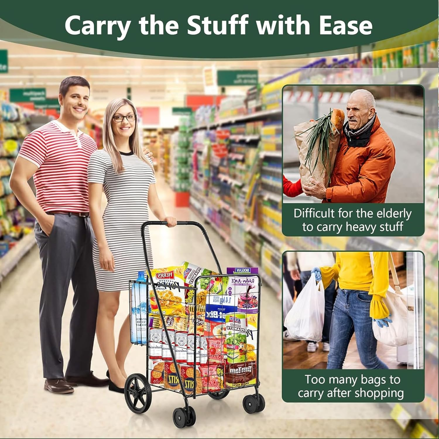 Foldable Shopping Cart with Rolling Swivel Wheels, Heavy Duty Grocery Utility Cart with Double Basket for Groceries Laundry Luggage Travel, 56 * 62 * 102Cm Black 118L image number 6