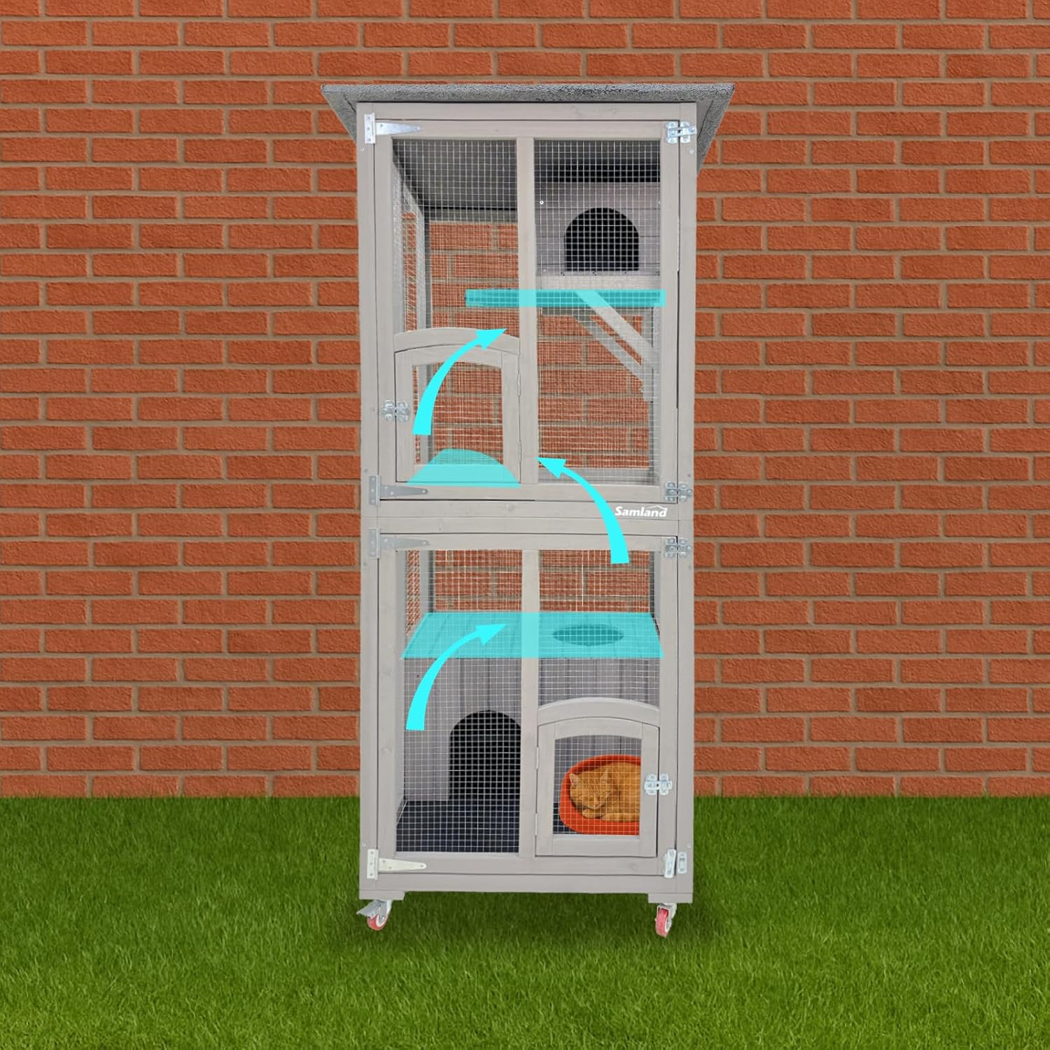 Samland Wooden Outdoor Cat Enclosure with Wheels, Double Houses & Weatherproof Roof, Cat Run for Indoor/Outdoor Use image number 5