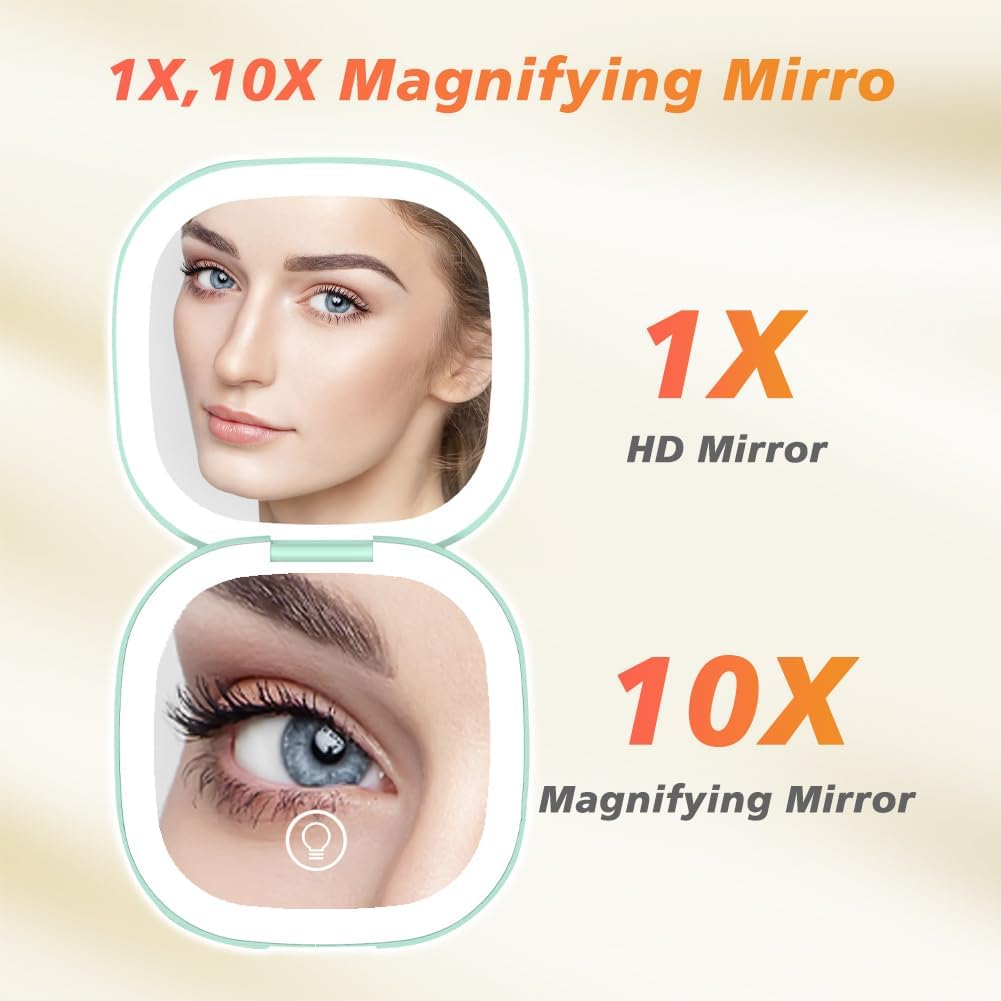 Compact LED Magnifying Travel Makeup Mirror 1X/10X Magnification Small Hand Pocket Mirror 3 Light Colors Dimmable Double Sided USB Rechargeable Touch Screen, Portable Cosmetic Mirror(Green) image number 4