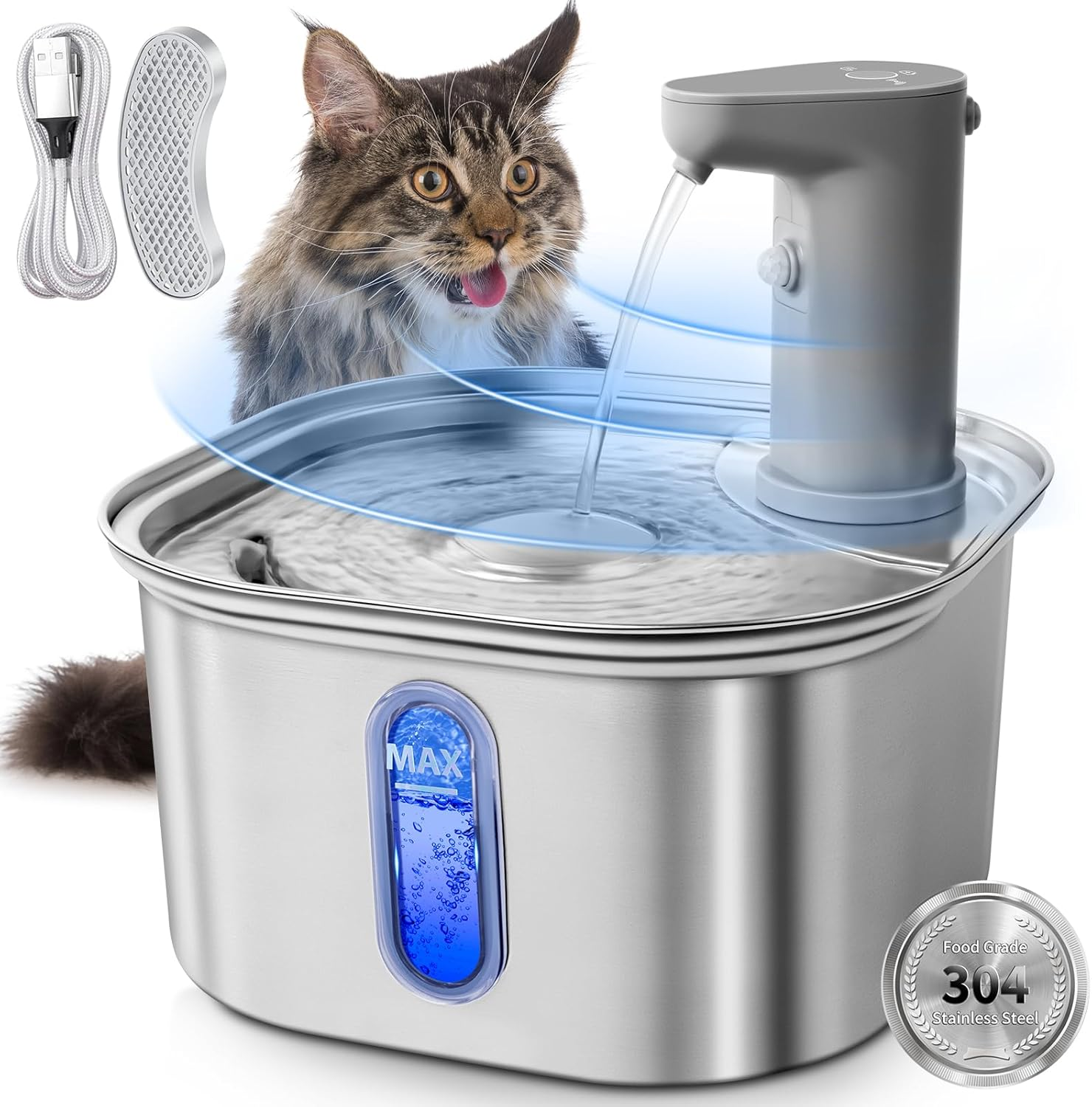 3.2L Stainless Steel Pet Water Fountain for Cat and Dog with Quiet Pump, Automatic Cat Water Dispenser for Multiple Pets Drinking with Transparent Window image number 3