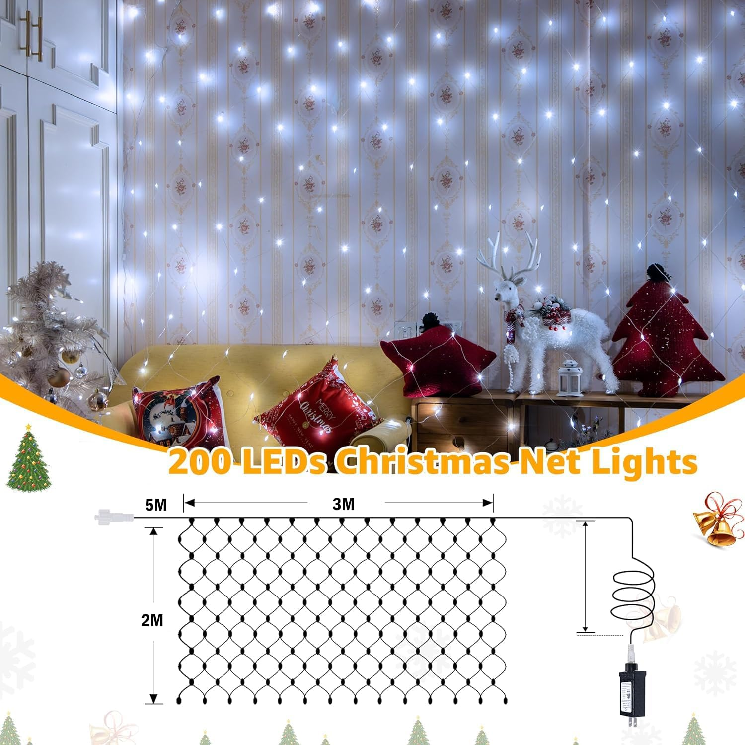 Christmas Lights, Christmas Net Lights 200LED Plug-In Mesh Lights 3X2M Bush Lights 8 Modes Led Net Lights Waterproof Christmas Lights for Bushes Tree Shrubs outside Indoor Decorations, White image number 2