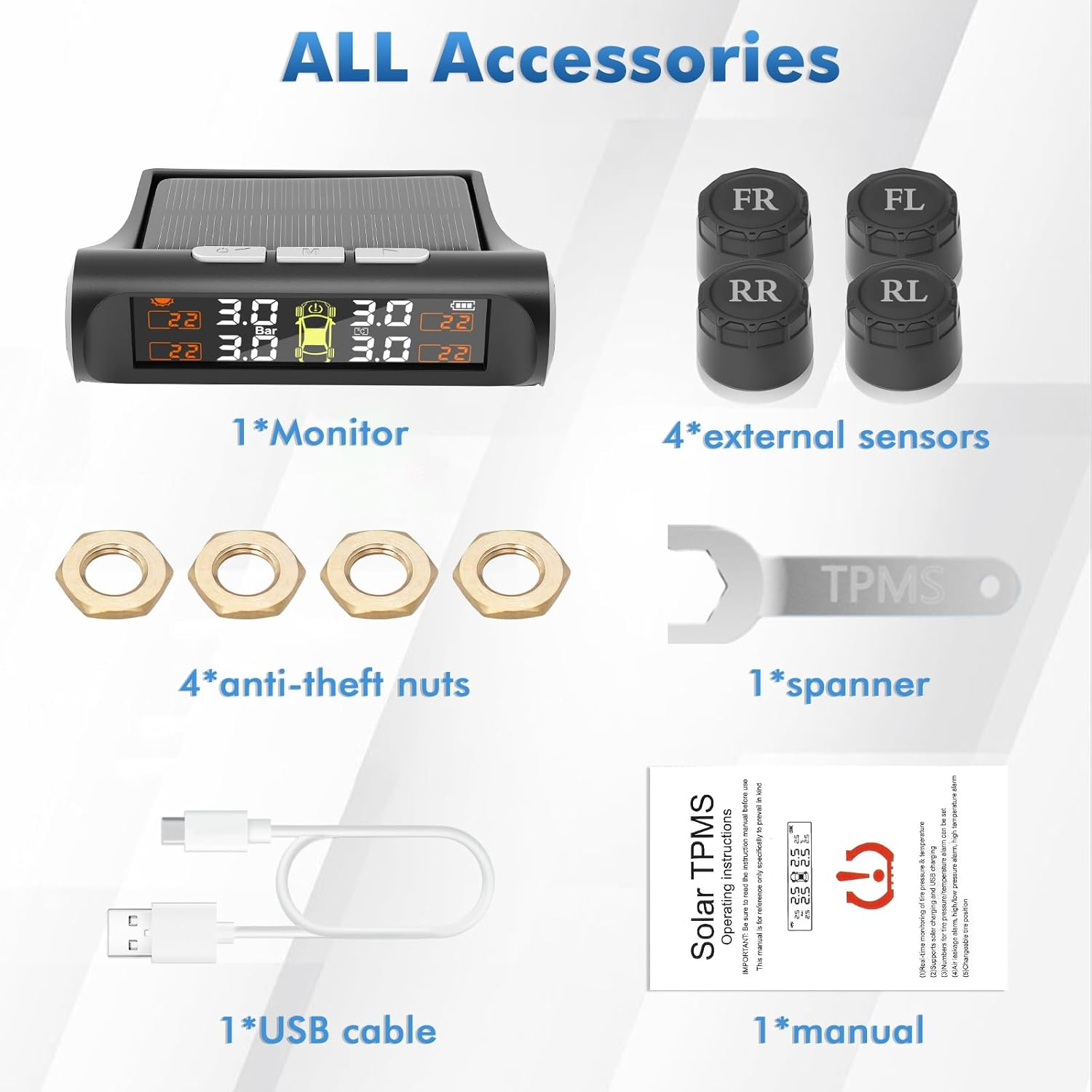 Tyre Pressure Monitoring System,Tpms with Solar & USB Charging, TPMS W/4 External Sensors & 5 Alarm Modes,Real Time Monitoring Pressure & Temperature, Auto Sleep,Suitable for 4 Wheeled Vehicles image number 5