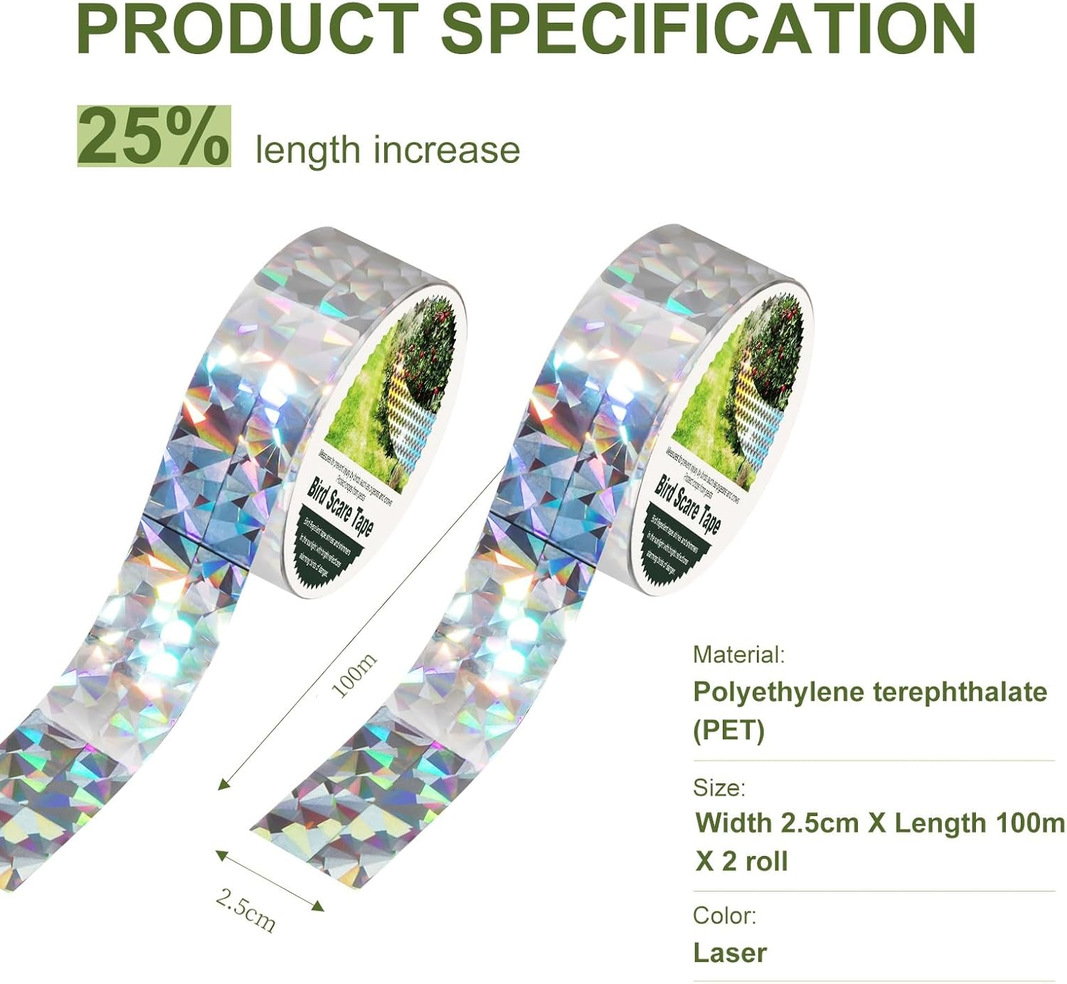 OFFO Bird Reflective Tape, 200M(660Feet) Bird Scare Tape Pigeon Deterrent Dual Sided Scare Tape 2.5Cm(1 Inch) for Garden, Farm, Orchard or Courtyard image number 3