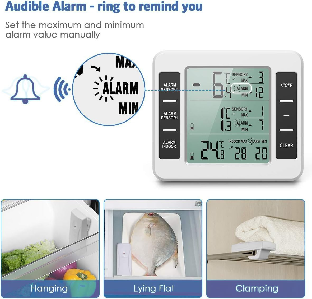 ​​Refrigerator Digital Thermometer Hygrometer, Fridge Thermometer with 2 Sensors, Temperature Alarm, Min/Max, Temperature Trend Display, Indoor Room Thermometers for Home, Restaurant, Bar image number 5