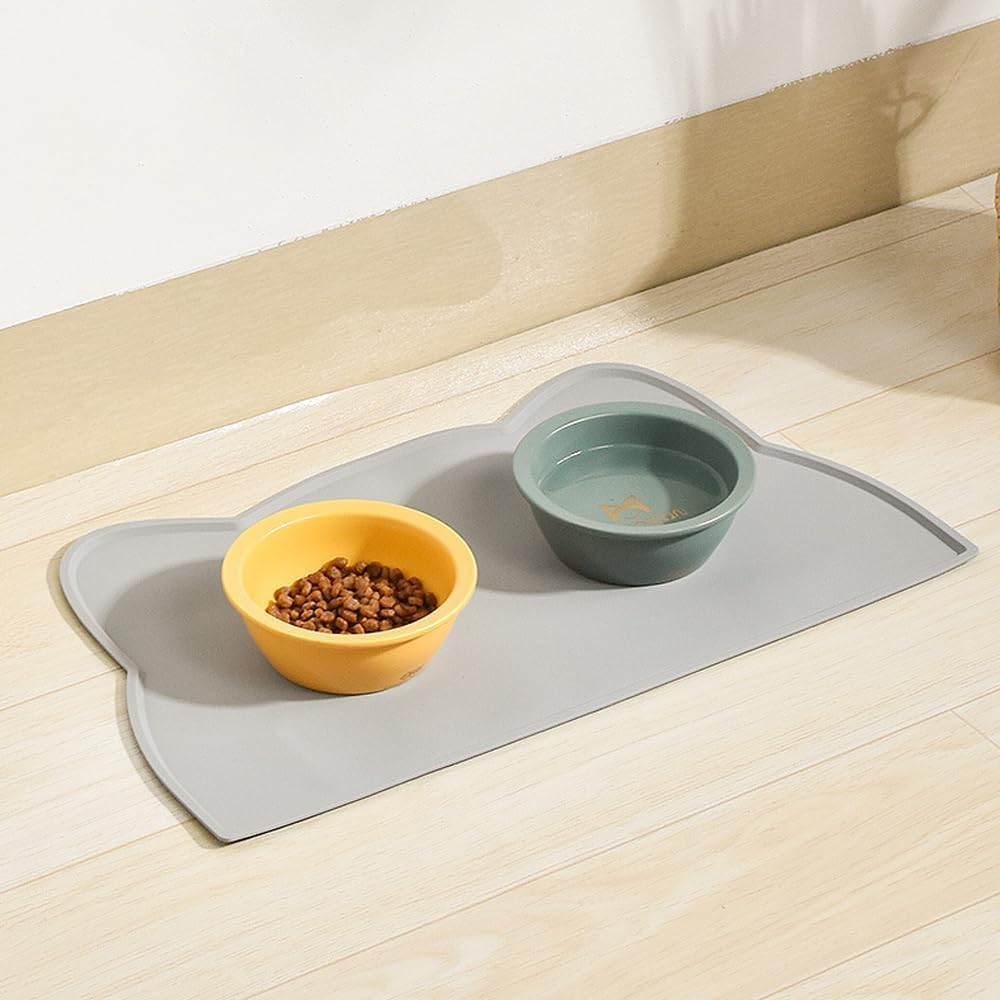 2 Pcs Cat Food Mat,Silicone Cat Feeding Mat,Pet Placemat Silicone Pet Food Mat for Floor,Waterproof Non Slip Pet Feeding Mat, Raised Edge Cat Bowl Mat to Stop Food Spills,Easy Clean,Cat Pattern image number 6