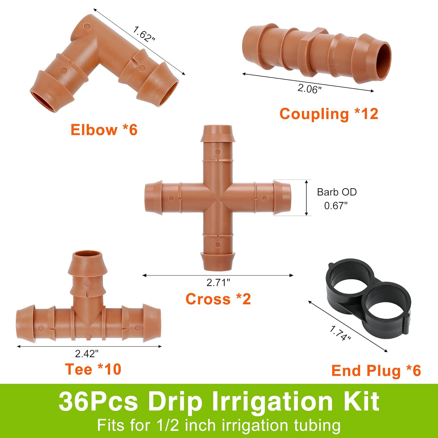 Cozy Tower 36 Pcs Drip Irrigation Kit 1/2 Inch Drip Irrigation Fittings Parts, Irrigation Tubing Fittings Hose Barbed Connectors, Including 2 Crosses 10 Tees 6 Elbows 12 Couplings 6 End Plugs image number 2