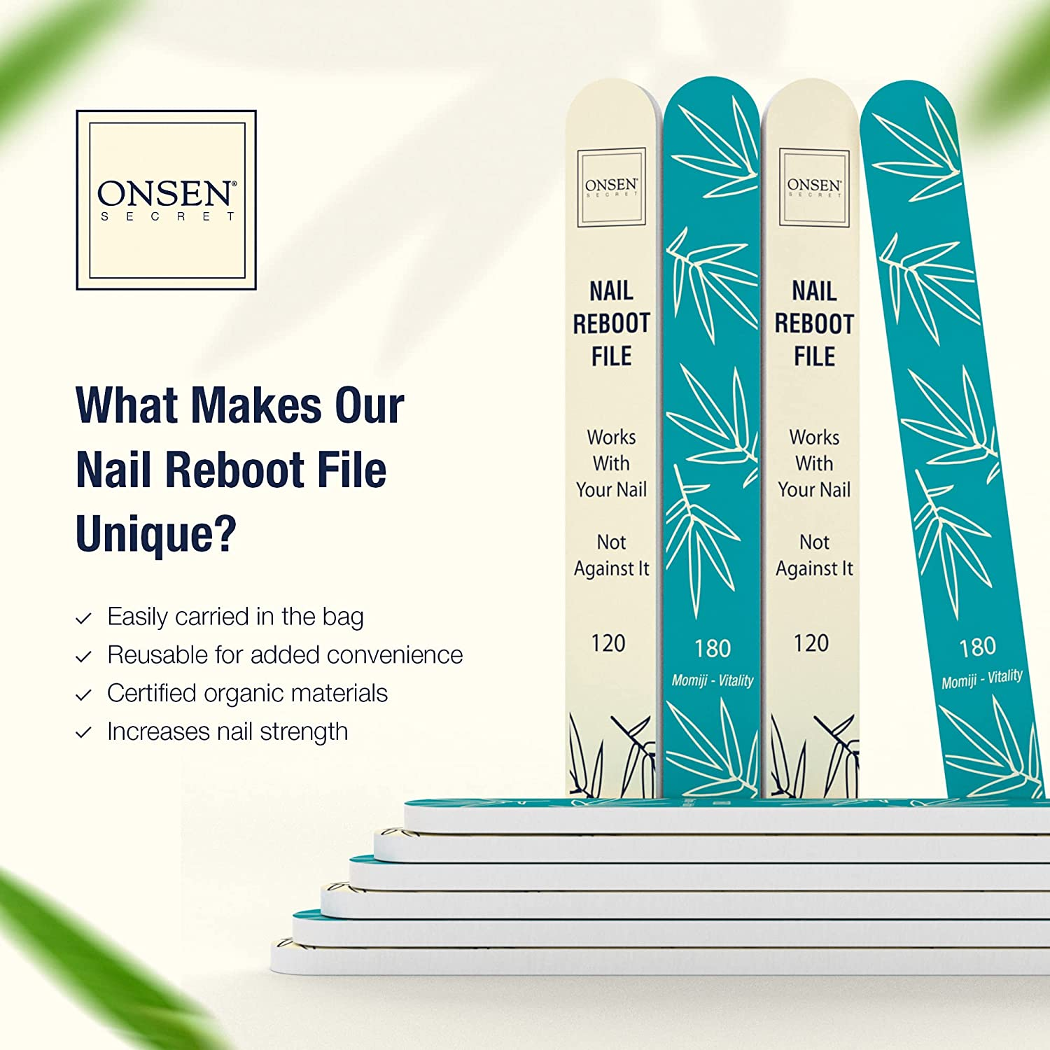 Onsen Secret Japanese Nail File - Professional 20-Pack Nail Files, Double Sided Natural & Acrylic Nail Filers - 120/180 Grit - Disposable, Salon Smooth, Best Nail File for Shiny Nails image number 3