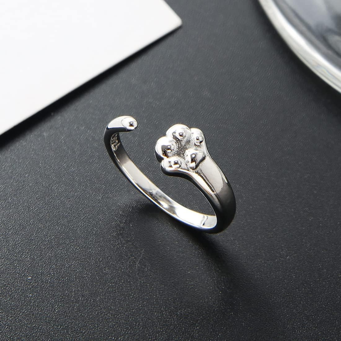 Paw Rings for Dogs Cats Silver Paw Print Animal Ring Adjustable Open Ring Pet Ring Dog Cat Footprint Ring for Women Girls image number 2
