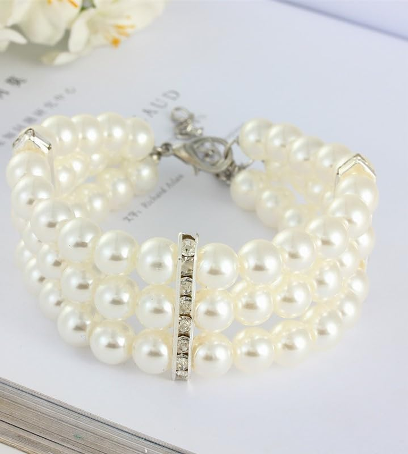 Pet Three Rows Pearl Pet Collar Cat Dog Necklace Jewelry (White, XL) image number 1