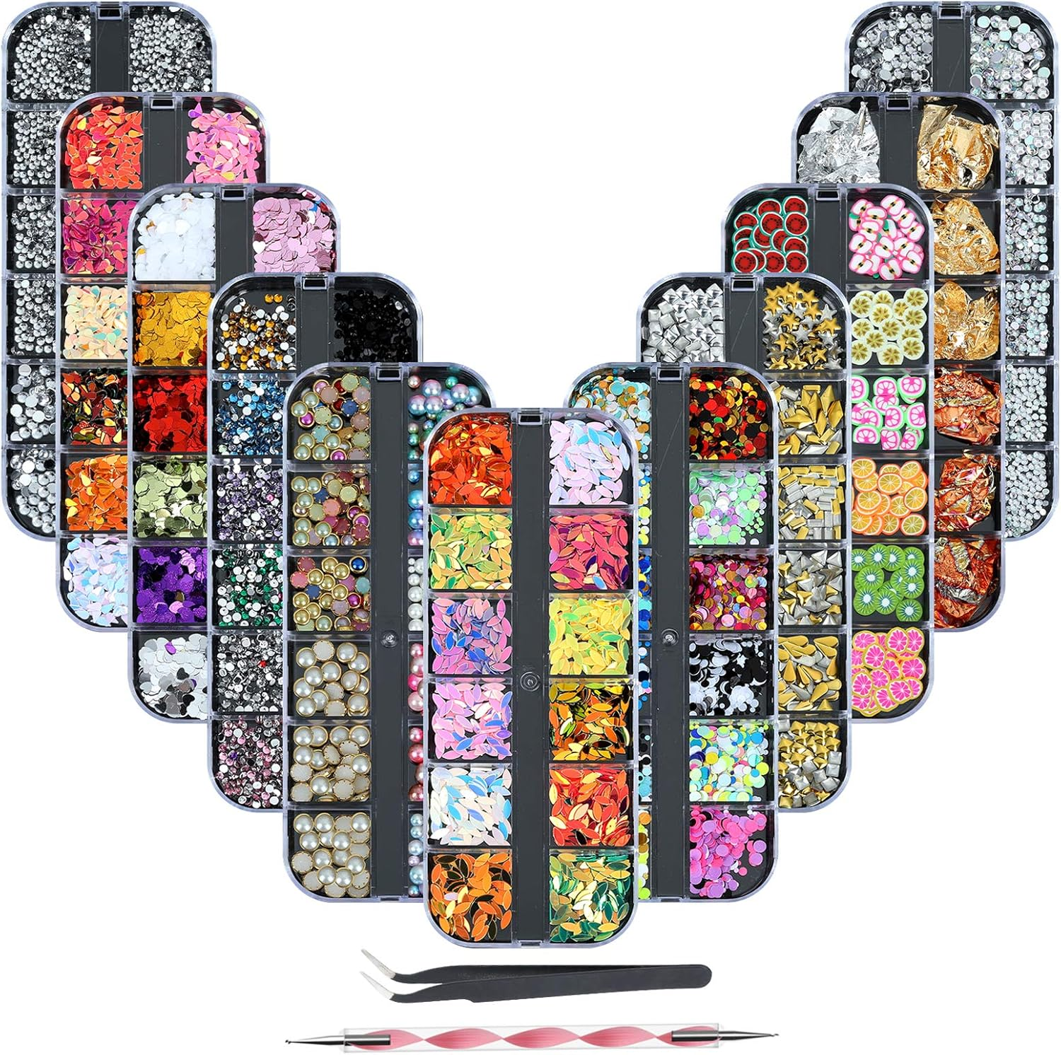 11 Boxes Nail Art Rhinestone Kit - Nail Art Mixed Rhinestone Set, Nail Art Rhinestones Gems Beads Gemstones Colourful Horse Eyes Rhinestone with 1 Tweezers and 1 Rhinestone Picker for Nail DIY Decoration