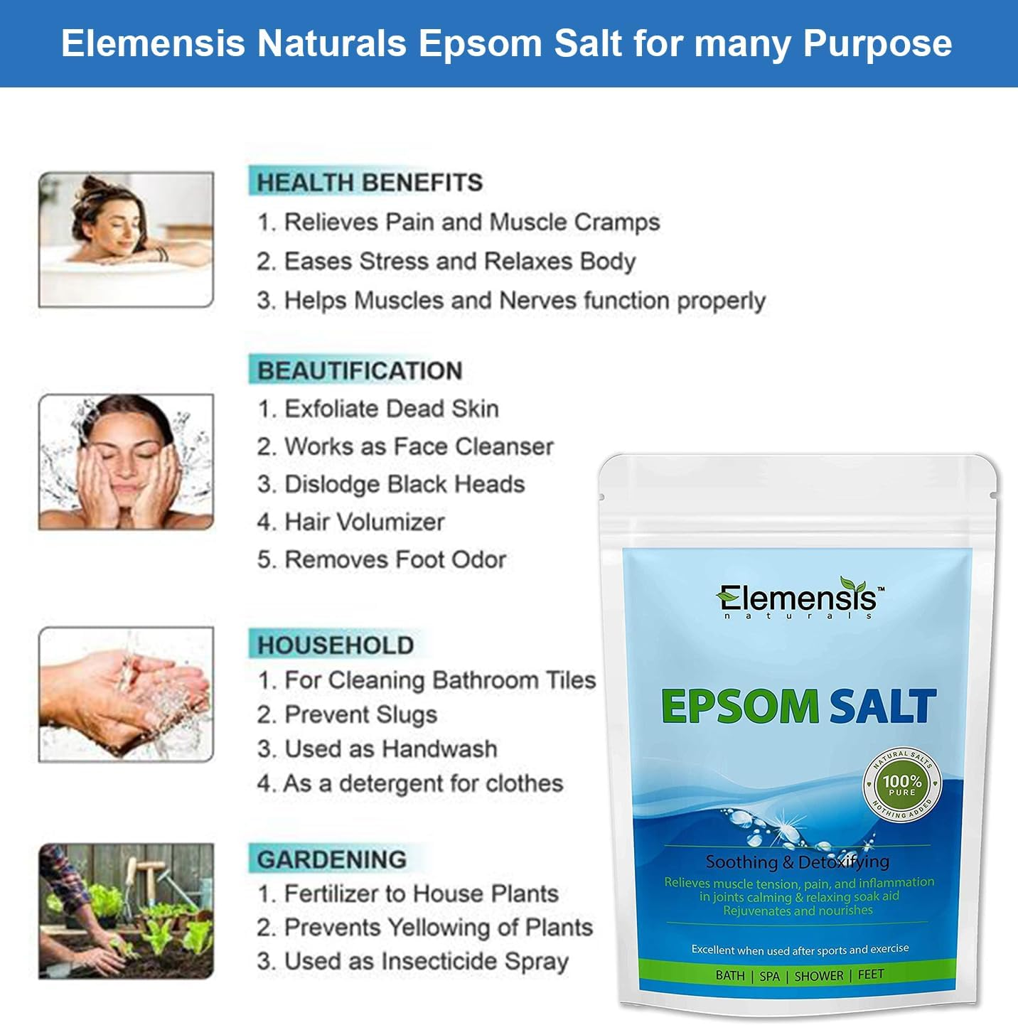 Epsom Salt (Magnesium Sulphate) for Bathing, Relaxing Foot and Pain Relief Therapeutic Spa Treatment & Refreshing Body, 1Kg(Pack of 2, Each 500Gm) image number 4