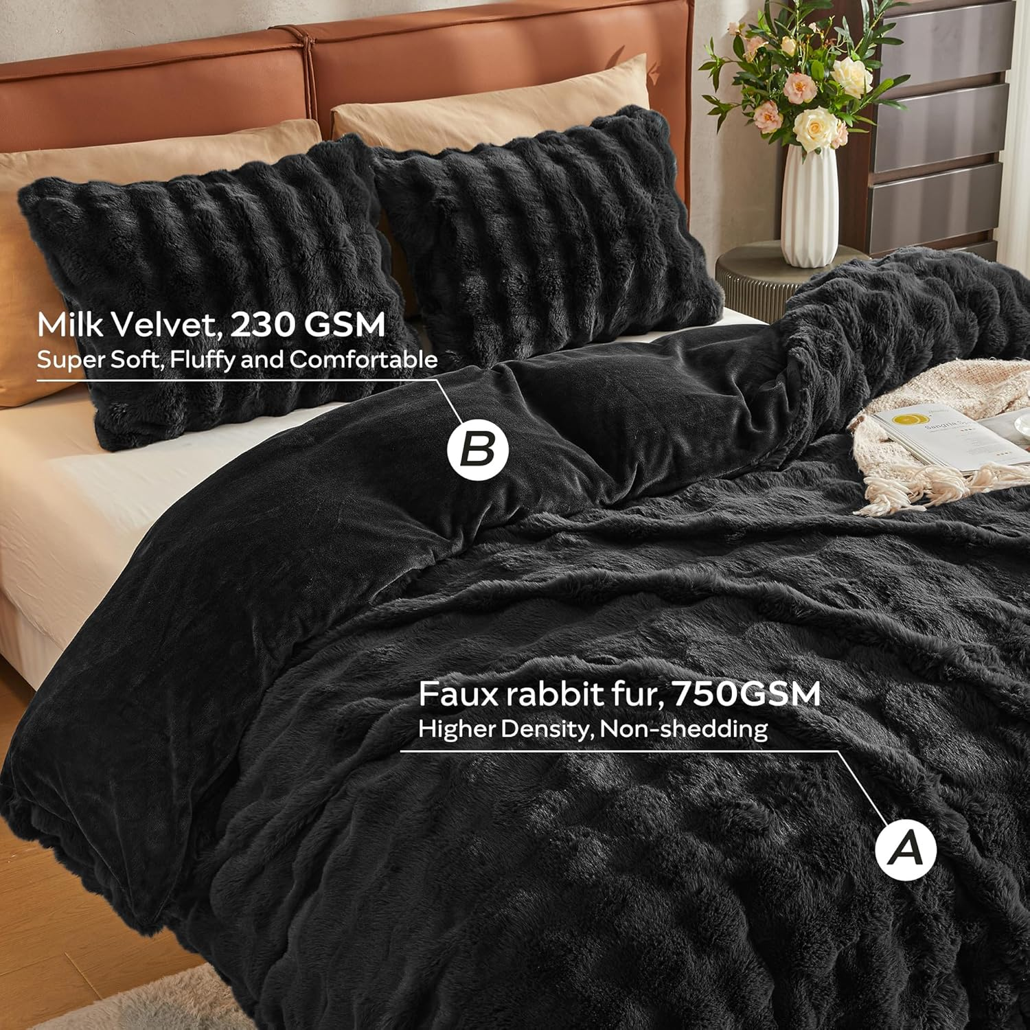 JELLYMONI Plush Duvet Cover Set - Twin Size Black Faux Fur Comforter Cover 2Pcs Bedding Set Luxury Ultra Soft Striped Fluffy Duvet Cover with Zipper and 1 Pillowcase (NO Comforter) image number 2