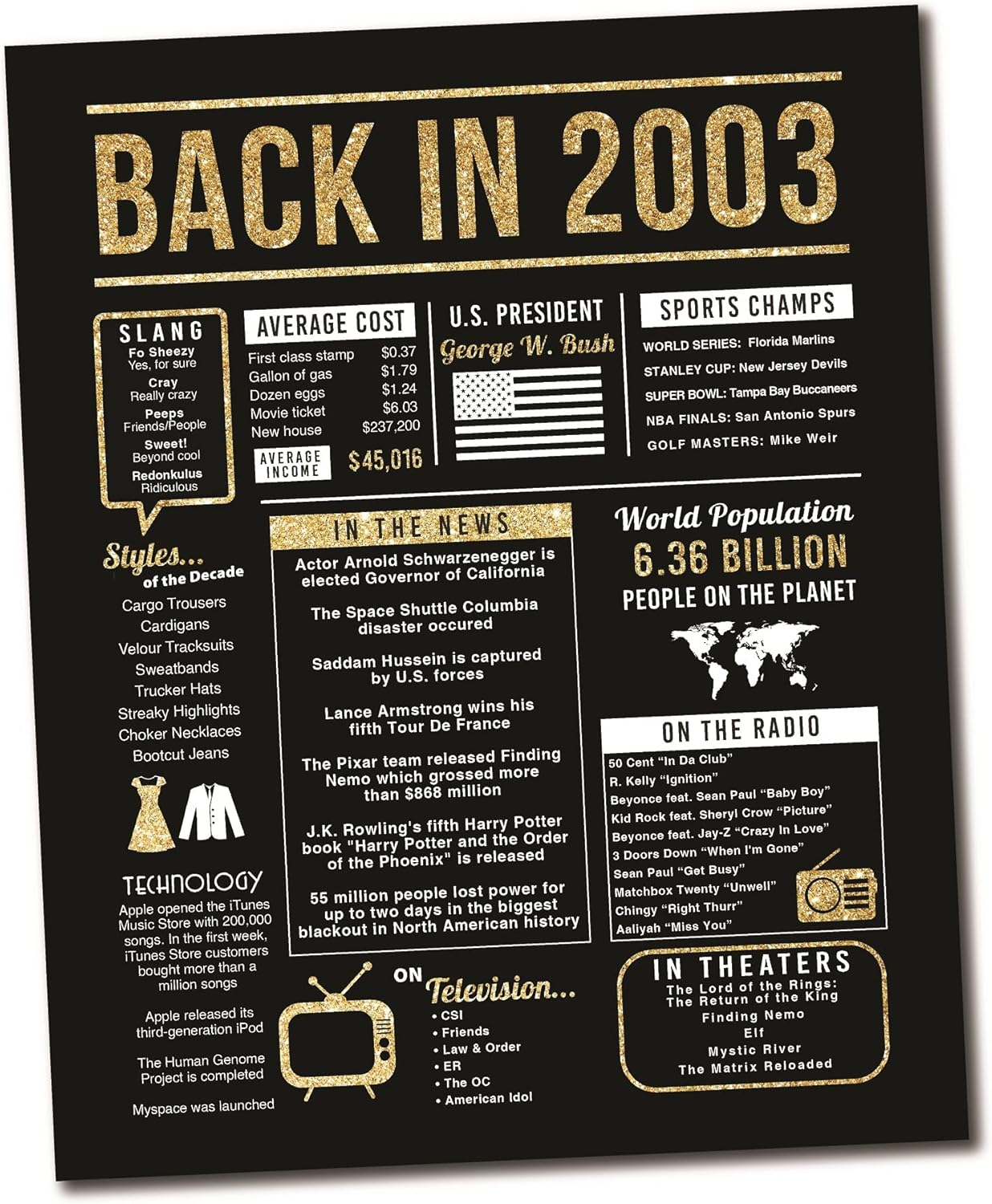 Katie Doodle 21St Birthday Decorations for Him - Cool Vintage Table Decor - Great 21St Birthday Gifts for Him or 21 Birthday Decorations for Him - Includes 8X10 Inch 2002 Sign, Black & Gold [Unframed] image number 4