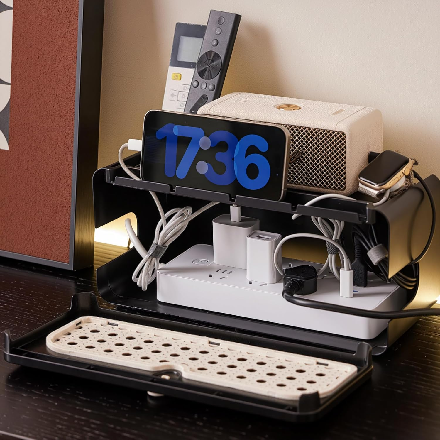 Cable Management Box, Cord Organiser for Desk, Cable Storage for TV Computer USB Hub to Hide and Management, Cord Accessories for Office, Home (Black)