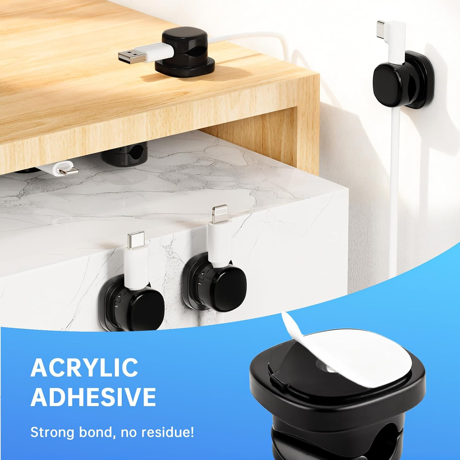 6 Pack Cord Organizer, 1S Lock, Eosxrp Spring Cable Holder Clips with 360&deg; Rotation Adhesive Desk Cables Management Clip Phone PC Car Wire Organizing Keeper for Nightstand Office Wall image number 2