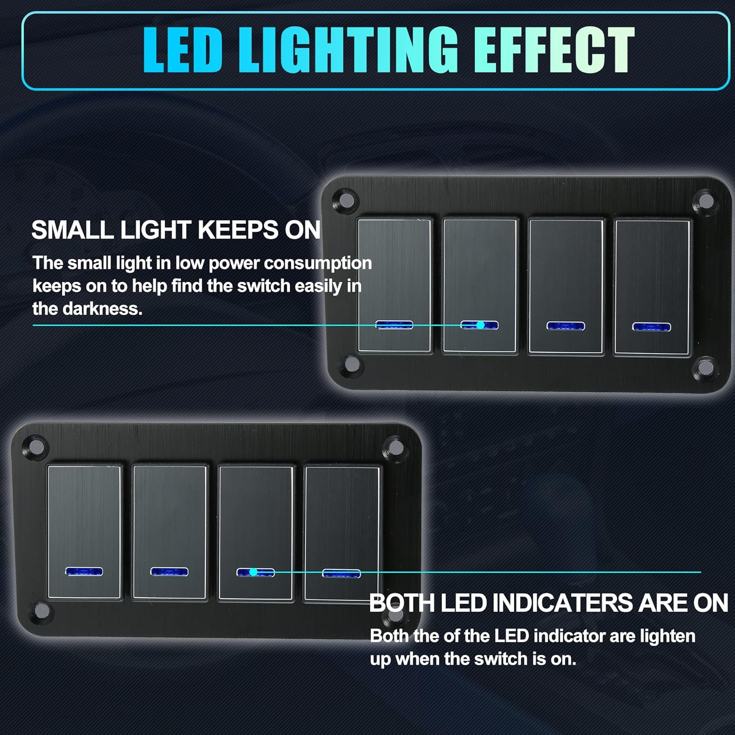 X AUTOHAUX 4 Gang Rocker Switch Panel 3 Pin on off Pre-Wired Toggle Switch Control Waterproof Aluminum Alloy Blue LED Light Push Button for 12V 24V Black image number 6